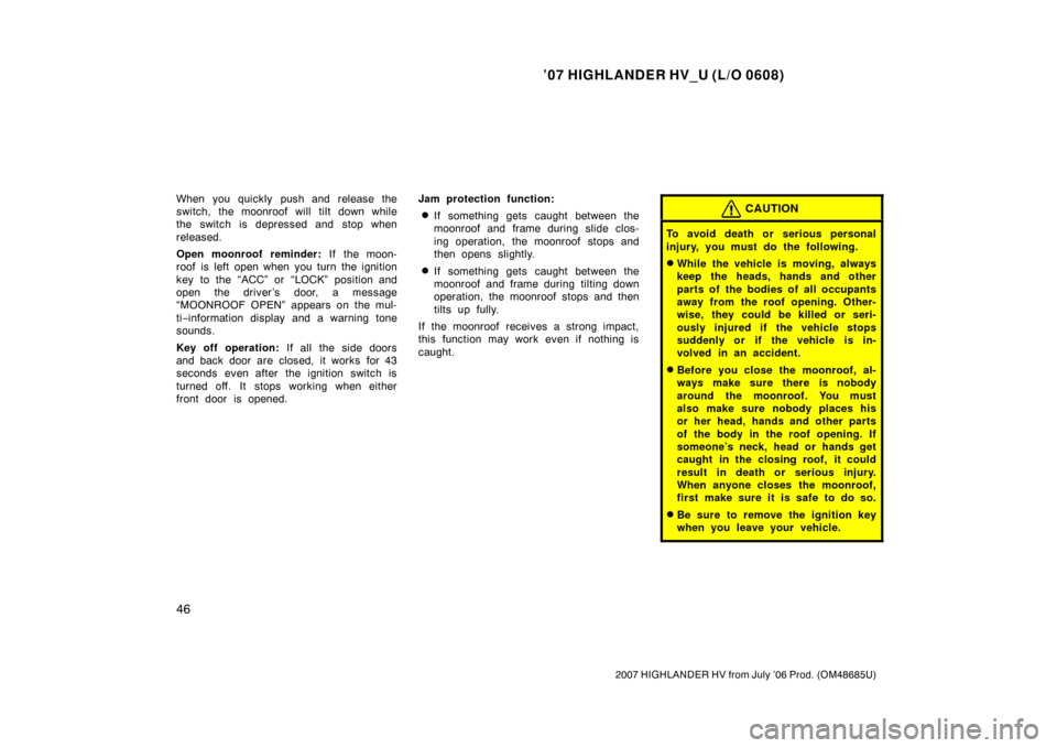 TOYOTA HIGHLANDER HYBRID 2007 XU40 / 2.G Owners Manual TOYOTA HIGHLANDER HYBRID 2007 XU40 / 2.G Owners Manual, Page 58