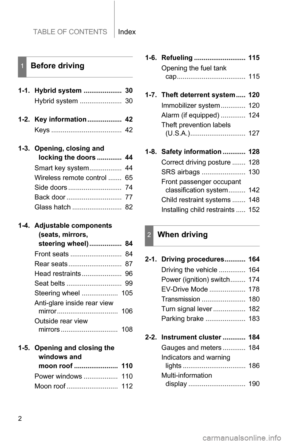 TOYOTA HIGHLANDER HYBRID 2008 XU40 / 2.G Owners Manual TABLE OF CONTENTSIndex
2
1-1. Hybrid system ....................  30Hybrid system ......................  30
1-2. Key information ..................  42 Keys .....................................  42
