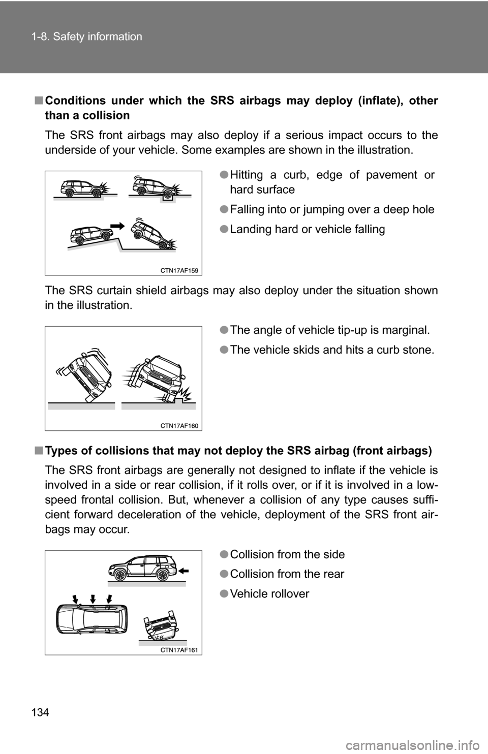TOYOTA HIGHLANDER HYBRID 2008 XU40 / 2.G Owners Manual 134 1-8. Safety information
■Conditions under which the SRS airbags may deploy (inflate), other
than a collision
The SRS front airbags may also deploy if a serious impact occurs to the
underside of TOYOTA HIGHLANDER HYBRID 2008 XU40 / 2.G Owners Manual 134 1-8. Safety information
■Conditions under which the SRS airbags may deploy (inflate), other
than a collision
The SRS front airbags may also deploy if a serious impact occurs to the
underside of