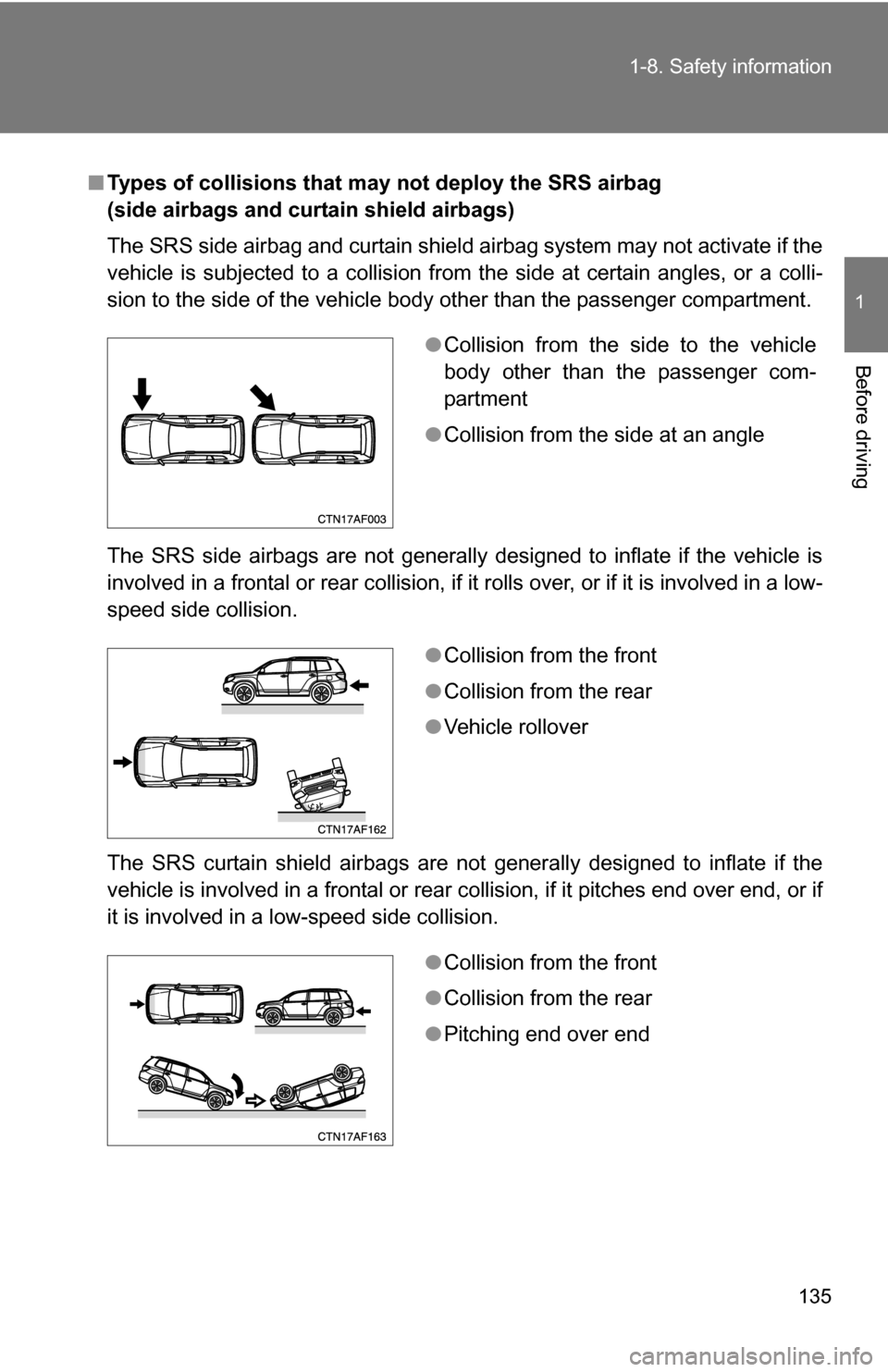 TOYOTA HIGHLANDER HYBRID 2008 XU40 / 2.G Owners Manual 135
1-8. Safety information
1
Before driving
■
Types of collisions that may not deploy the SRS airbag
(side airbags and curtain shield airbags)
The SRS side airbag and curtain shield airbag system TOYOTA HIGHLANDER HYBRID 2008 XU40 / 2.G Owners Manual 135
1-8. Safety information
1
Before driving
■
Types of collisions that may not deploy the SRS airbag
(side airbags and curtain shield airbags)
The SRS side airbag and curtain shield airbag system