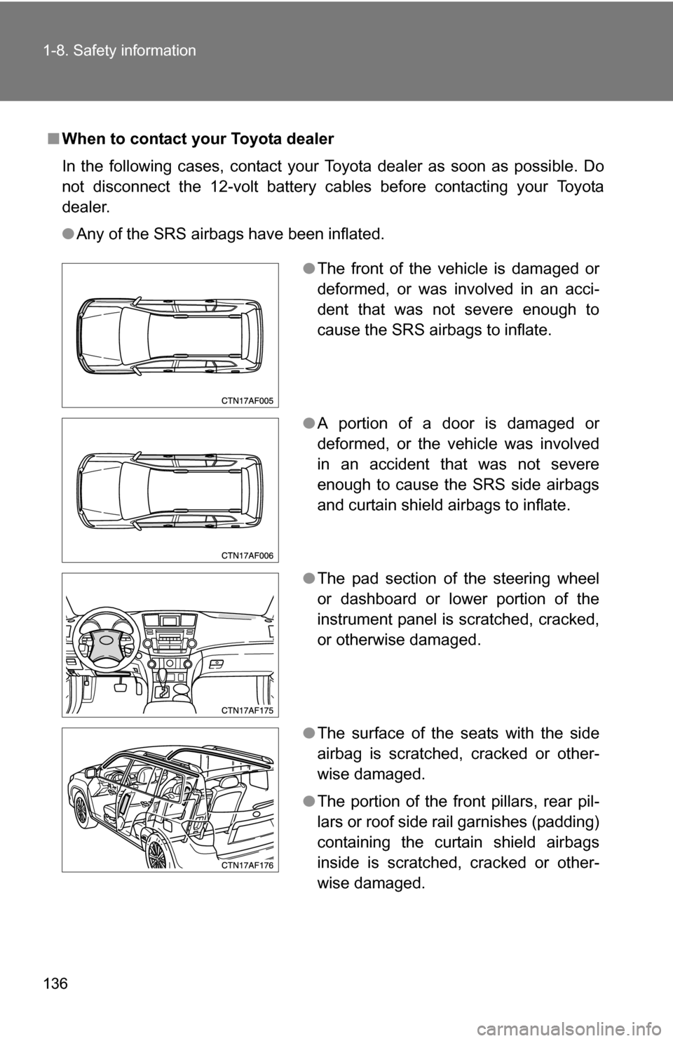 TOYOTA HIGHLANDER HYBRID 2008 XU40 / 2.G Owners Manual 136 1-8. Safety information
■When to contact your Toyota dealer
In the following cases, contact your Toyota dealer as soon as possible. Do
not disconnect the 12-volt battery cables before contacting TOYOTA HIGHLANDER HYBRID 2008 XU40 / 2.G Owners Manual 136 1-8. Safety information
■When to contact your Toyota dealer
In the following cases, contact your Toyota dealer as soon as possible. Do
not disconnect the 12-volt battery cables before contacting