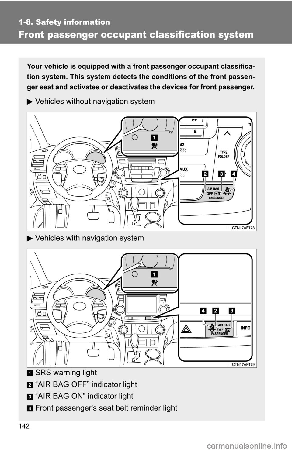 TOYOTA HIGHLANDER HYBRID 2008 XU40 / 2.G Owners Manual 142
1-8. Safety information
Front passenger occupant classification system
Your vehicle is equipped with a front passenger occupant classifica-
tion system. This system detects the conditions of the TOYOTA HIGHLANDER HYBRID 2008 XU40 / 2.G Owners Manual 142
1-8. Safety information
Front passenger occupant classification system
Your vehicle is equipped with a front passenger occupant classifica-
tion system. This system detects the conditions of the
