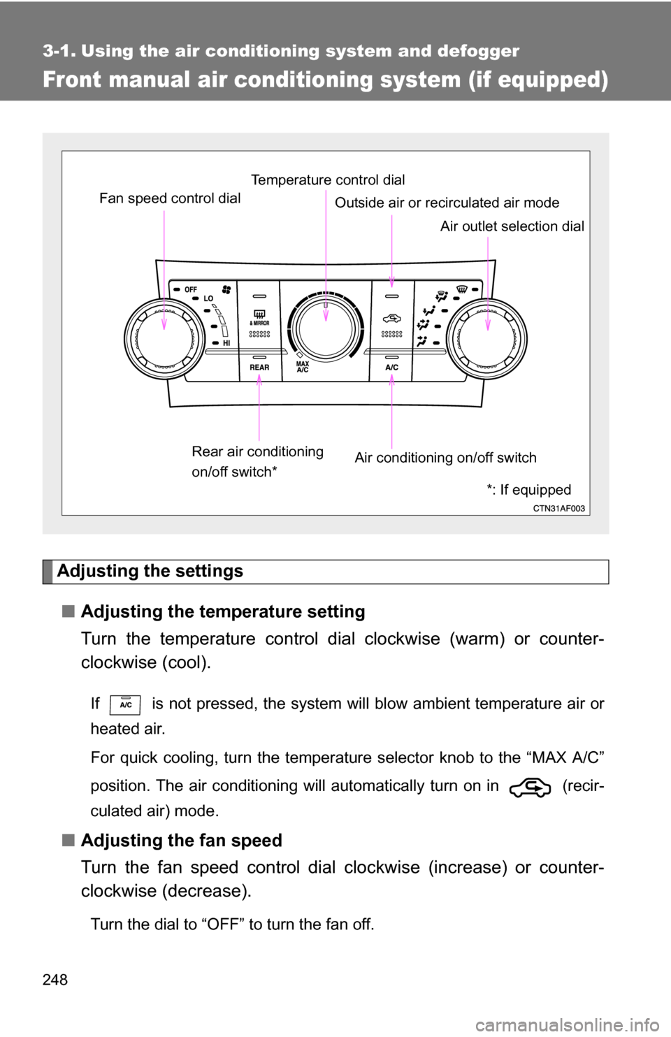 TOYOTA HIGHLANDER HYBRID 2008 XU40 / 2.G Owners Manual 248
3-1. Using the air conditioning system and defogger
Front manual air conditioning system (if equipped)
Adjusting the settings
■ Adjusting the temperature setting
Turn the temperature control dia TOYOTA HIGHLANDER HYBRID 2008 XU40 / 2.G Owners Manual 248
3-1. Using the air conditioning system and defogger
Front manual air conditioning system (if equipped)
Adjusting the settings
■ Adjusting the temperature setting
Turn the temperature control dia