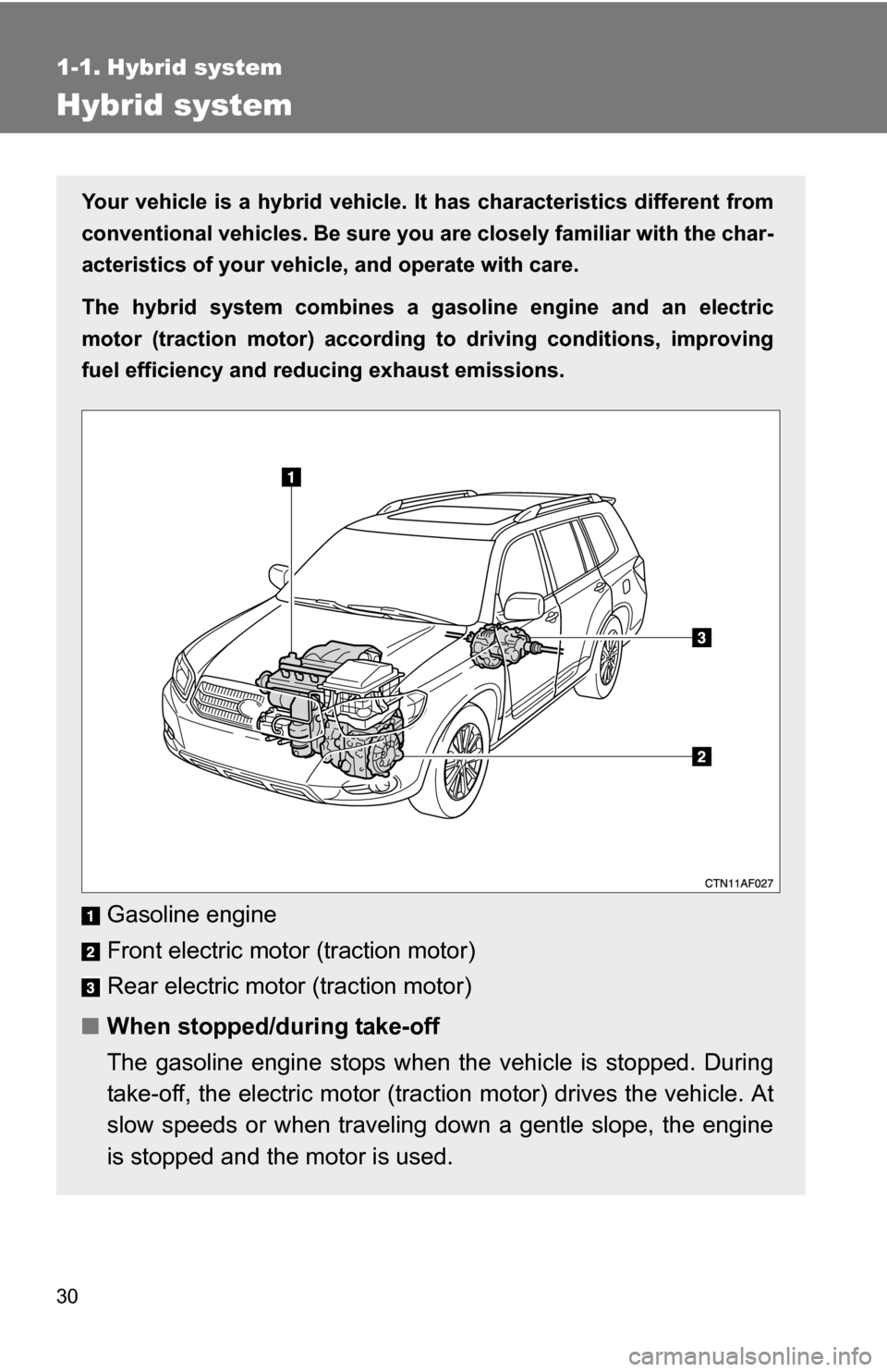 TOYOTA HIGHLANDER HYBRID 2008 XU40 / 2.G Owners Manual 30
1-1. Hybrid system
Hybrid system
Your vehicle is a hybrid vehicle. It has characteristics different from
conventional vehicles. Be sure you are closely familiar with the char-
acteristics of your v TOYOTA HIGHLANDER HYBRID 2008 XU40 / 2.G Owners Manual 30
1-1. Hybrid system
Hybrid system
Your vehicle is a hybrid vehicle. It has characteristics different from
conventional vehicles. Be sure you are closely familiar with the char-
acteristics of your v