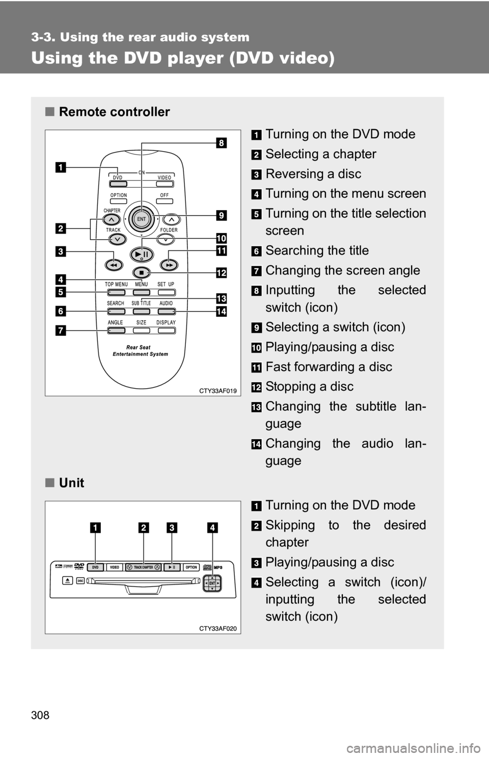 TOYOTA HIGHLANDER HYBRID 2008 XU40 / 2.G Owners Manual 308
3-3. Using the rear audio system
Using the DVD player (DVD video)
■Remote controller
Turning on the DVD mode 
Selecting a chapter
Reversing a disc
Turning on the menu screen
Turning on the title