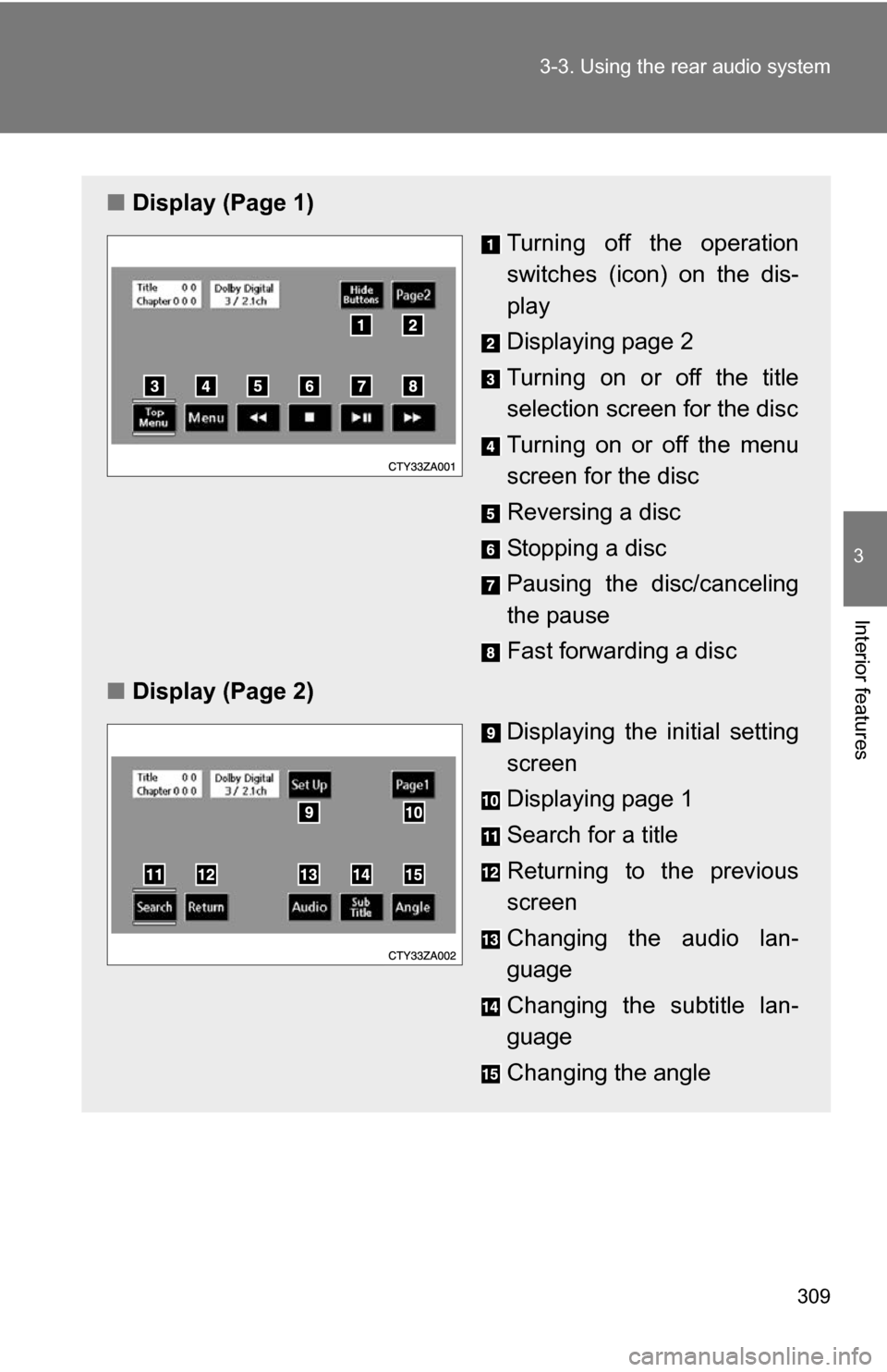 TOYOTA HIGHLANDER HYBRID 2008 XU40 / 2.G Workshop Manual 309
3-3. Using the rear audio system
3
Interior features
■
Display (Page 1)
Turning off the operation
switches (icon) on the dis-
play
Displaying page 2
Turning on or off the title
selection screen TOYOTA HIGHLANDER HYBRID 2008 XU40 / 2.G Workshop Manual 309
3-3. Using the rear audio system
3
Interior features
■
Display (Page 1)
Turning off the operation
switches (icon) on the dis-
play
Displaying page 2
Turning on or off the title
selection screen