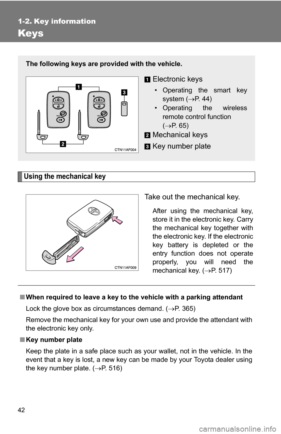 TOYOTA HIGHLANDER HYBRID 2008 XU40 / 2.G Owners Manual 42
1-2. Key information
Keys
Using the mechanical key
Take out the mechanical key.
After using the mechanical key,
store it in the electronic key. Carry
the mechanical key together with
the electronic