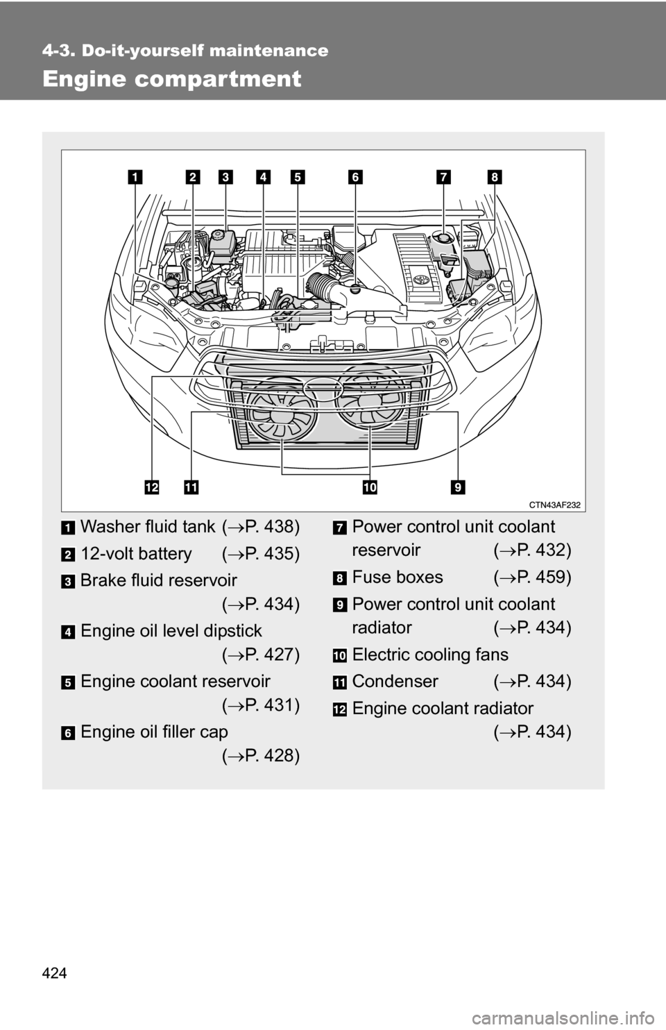TOYOTA HIGHLANDER HYBRID 2008 XU40 / 2.G Owners Manual 424
4-3. Do-it-yourself maintenance
Engine compar tment
Washer fluid tank (P. 438)
12-volt battery ( P. 435)
Brake fluid reservoir ( P. 434)
Engine oil level dipstick ( P. 427)
Engine cool