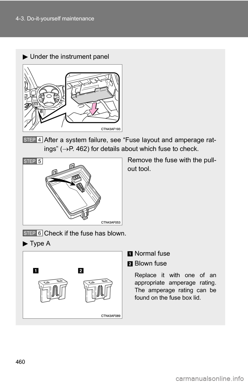 TOYOTA HIGHLANDER HYBRID 2008 XU40 / 2.G Owners Manual 460 4-3. Do-it-yourself maintenance
Under the instrument panelAfter a system failure, see “Fuse layout and amperage rat-
ings” ( P. 462) for details about which fuse to check.
Remove the fuse w