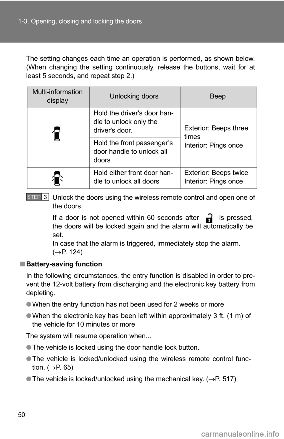 TOYOTA HIGHLANDER HYBRID 2008 XU40 / 2.G Service Manual 50 1-3. Opening, closing and locking the doors
The setting changes each time an operation is performed, as shown below.
(When changing the setting continuously, release the buttons, wait for at
least TOYOTA HIGHLANDER HYBRID 2008 XU40 / 2.G Service Manual 50 1-3. Opening, closing and locking the doors
The setting changes each time an operation is performed, as shown below.
(When changing the setting continuously, release the buttons, wait for at
least