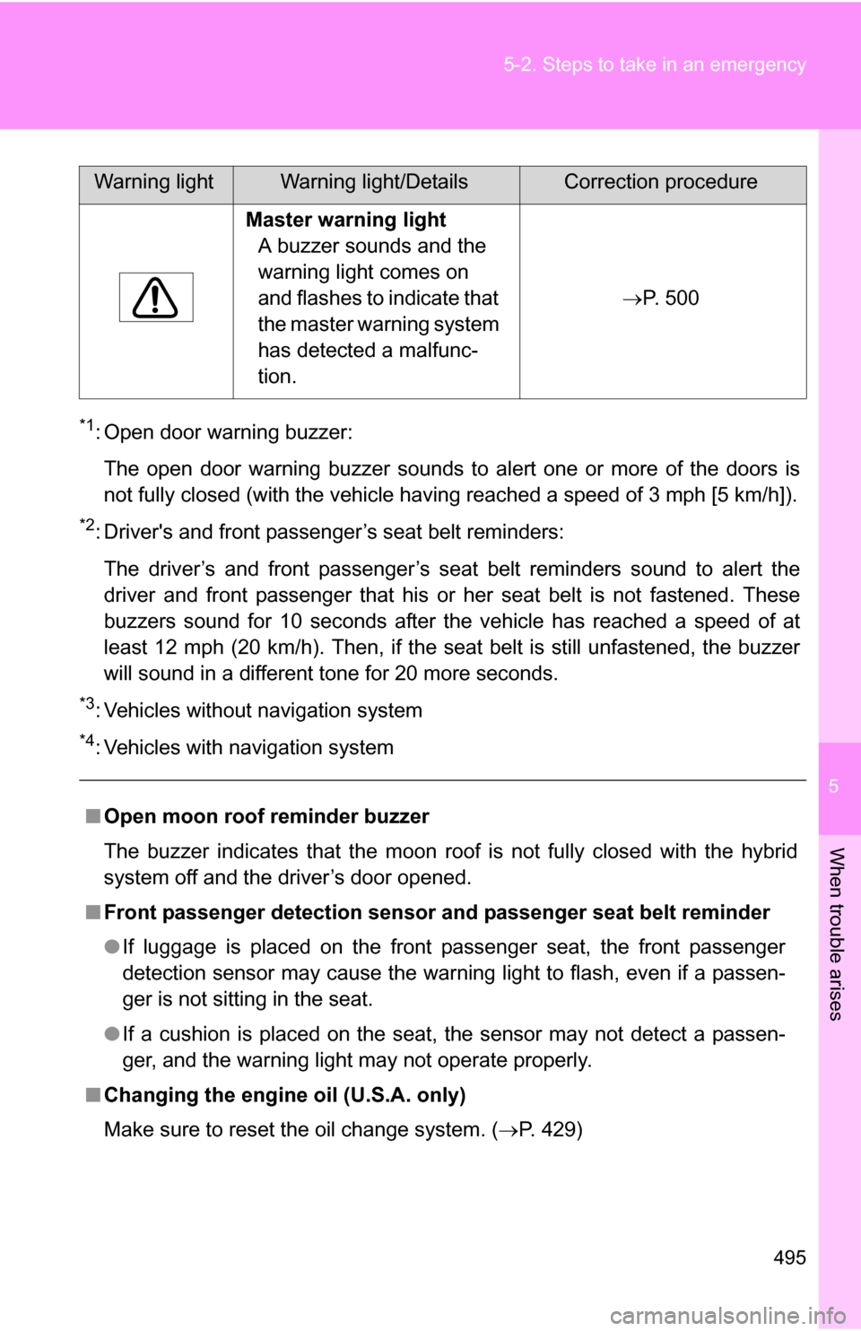 TOYOTA HIGHLANDER HYBRID 2008 XU40 / 2.G Owners Manual 5
When trouble arises
495
5-2. Steps to take in an emergency
*1: Open door warning buzzer:
The open door warning buzzer sounds to alert one or more of the doors is
not fully closed (with the vehicle h TOYOTA HIGHLANDER HYBRID 2008 XU40 / 2.G Owners Manual 5
When trouble arises
495
5-2. Steps to take in an emergency
*1: Open door warning buzzer:
The open door warning buzzer sounds to alert one or more of the doors is
not fully closed (with the vehicle h