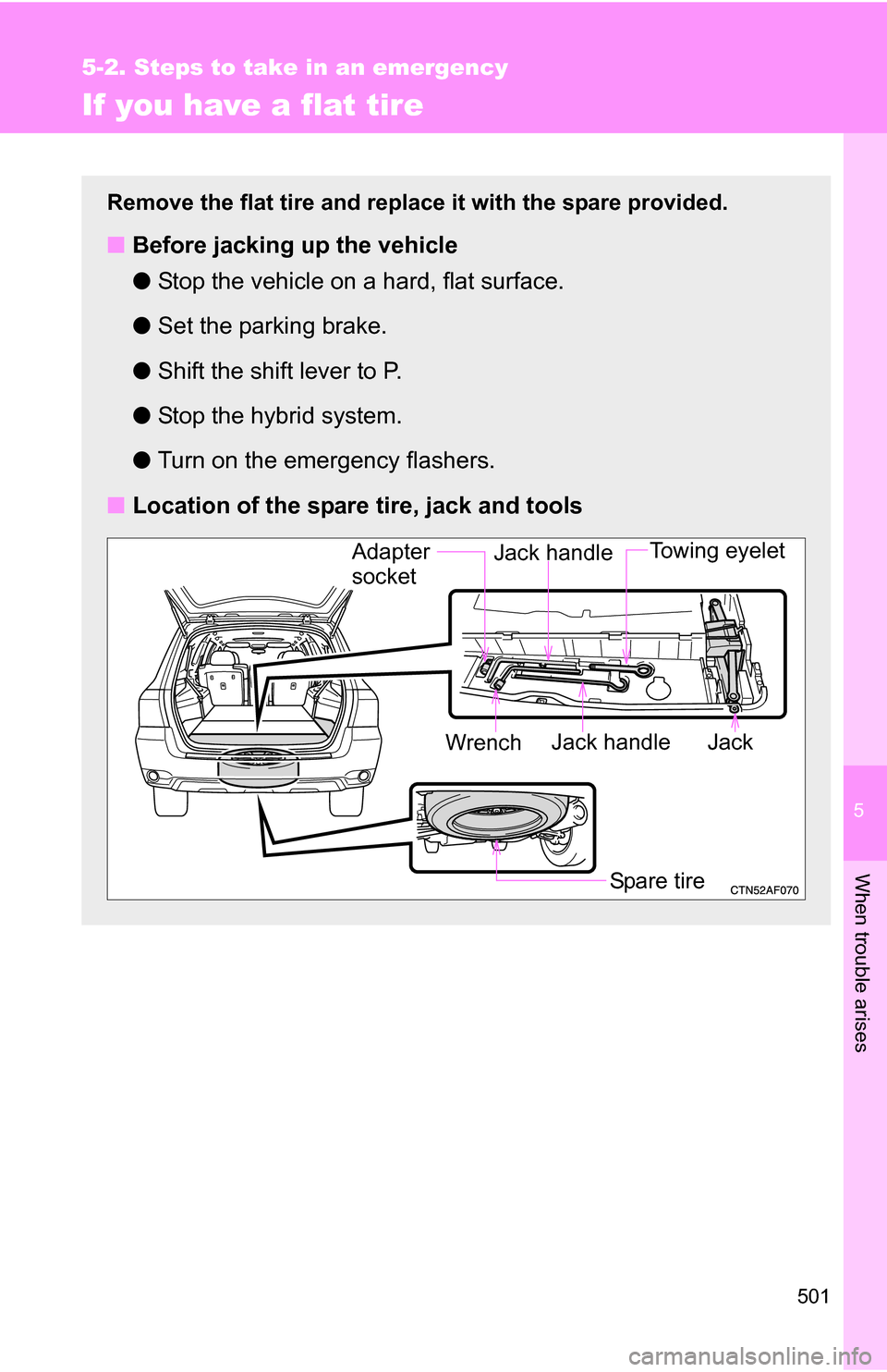 TOYOTA HIGHLANDER HYBRID 2008 XU40 / 2.G Owners Manual 5
When trouble arises
501
5-2. Steps to take in an emergency
If you have a flat tire
Remove the flat tire and replace it with the spare provided.
■Before jacking up the vehicle
●Stop the vehicle o