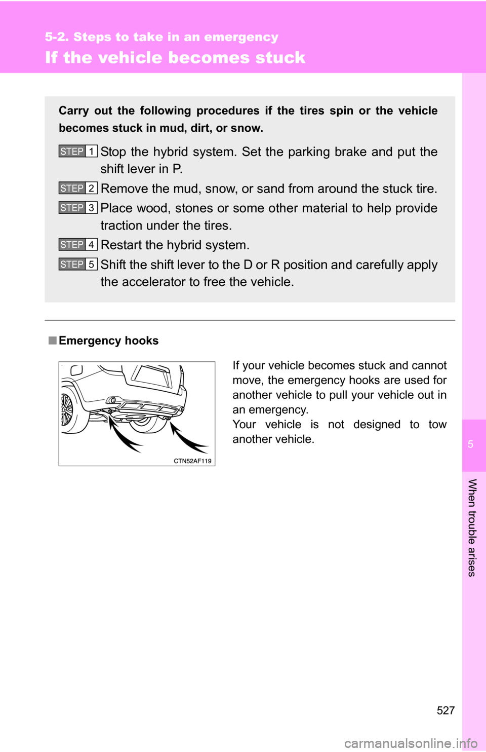 TOYOTA HIGHLANDER HYBRID 2008 XU40 / 2.G Owners Manual 5
When trouble arises
527
5-2. Steps to take in an emergency
If the vehicle becomes stuck
■Emergency hooks
Carry out the following procedures if the tires spin or the vehicle
becomes stuck in mud, d TOYOTA HIGHLANDER HYBRID 2008 XU40 / 2.G Owners Manual 5
When trouble arises
527
5-2. Steps to take in an emergency
If the vehicle becomes stuck
■Emergency hooks
Carry out the following procedures if the tires spin or the vehicle
becomes stuck in mud, d
