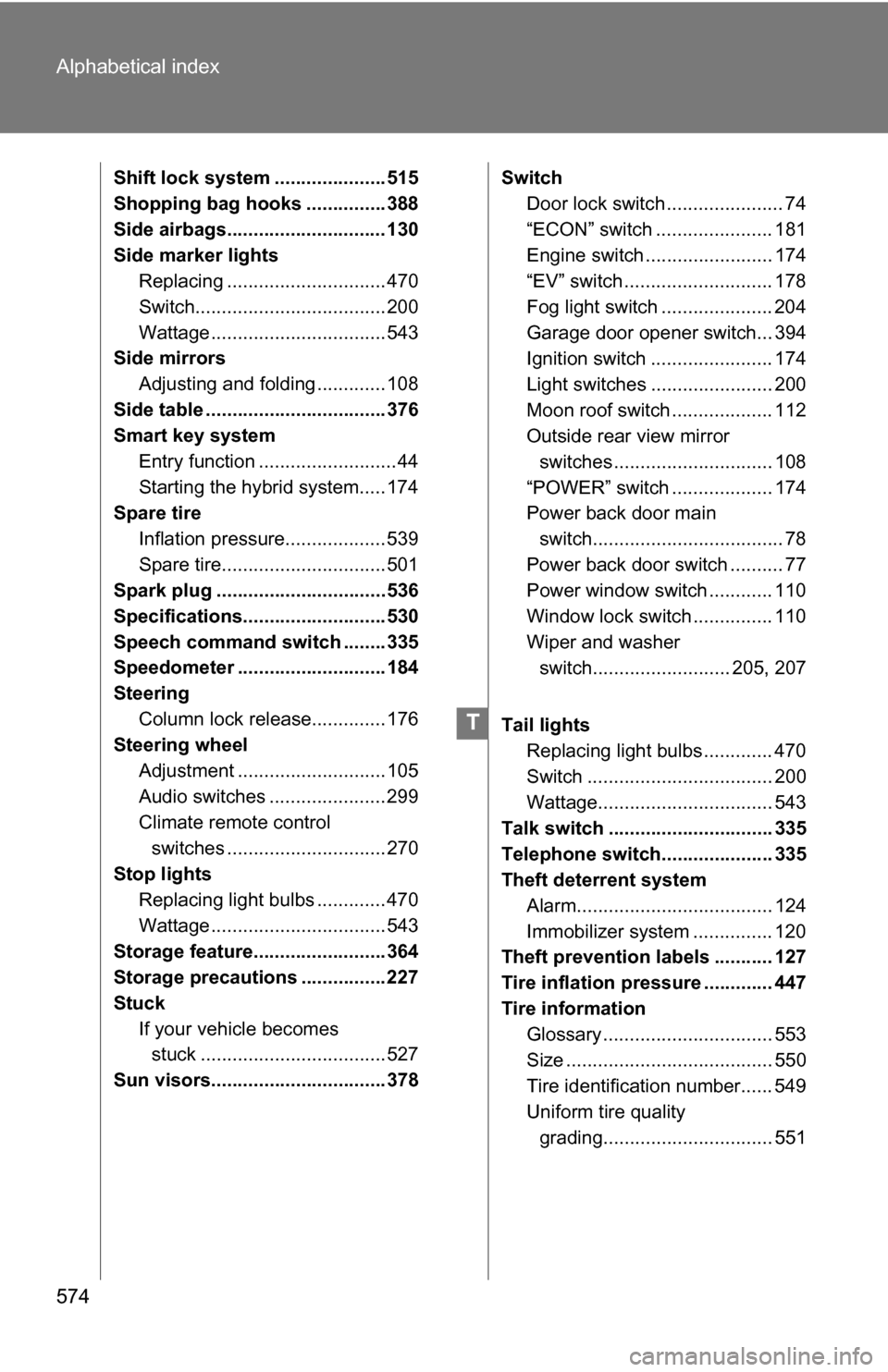 TOYOTA HIGHLANDER HYBRID 2008 XU40 / 2.G Owners Manual 574 Alphabetical index
Shift lock system ..................... 515
Shopping bag hooks ............... 388
Side airbags.............................. 130
Side marker lightsReplacing ...................