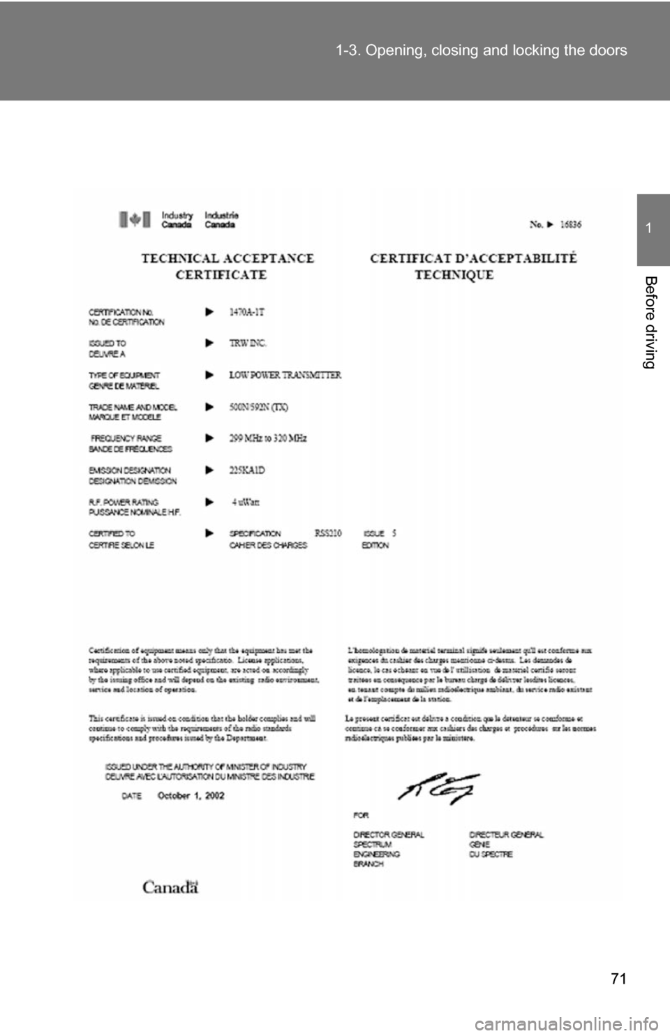 TOYOTA HIGHLANDER HYBRID 2008 XU40 / 2.G Manual PDF 71
1-3. Opening, closing and locking the doors
1
Before driving 