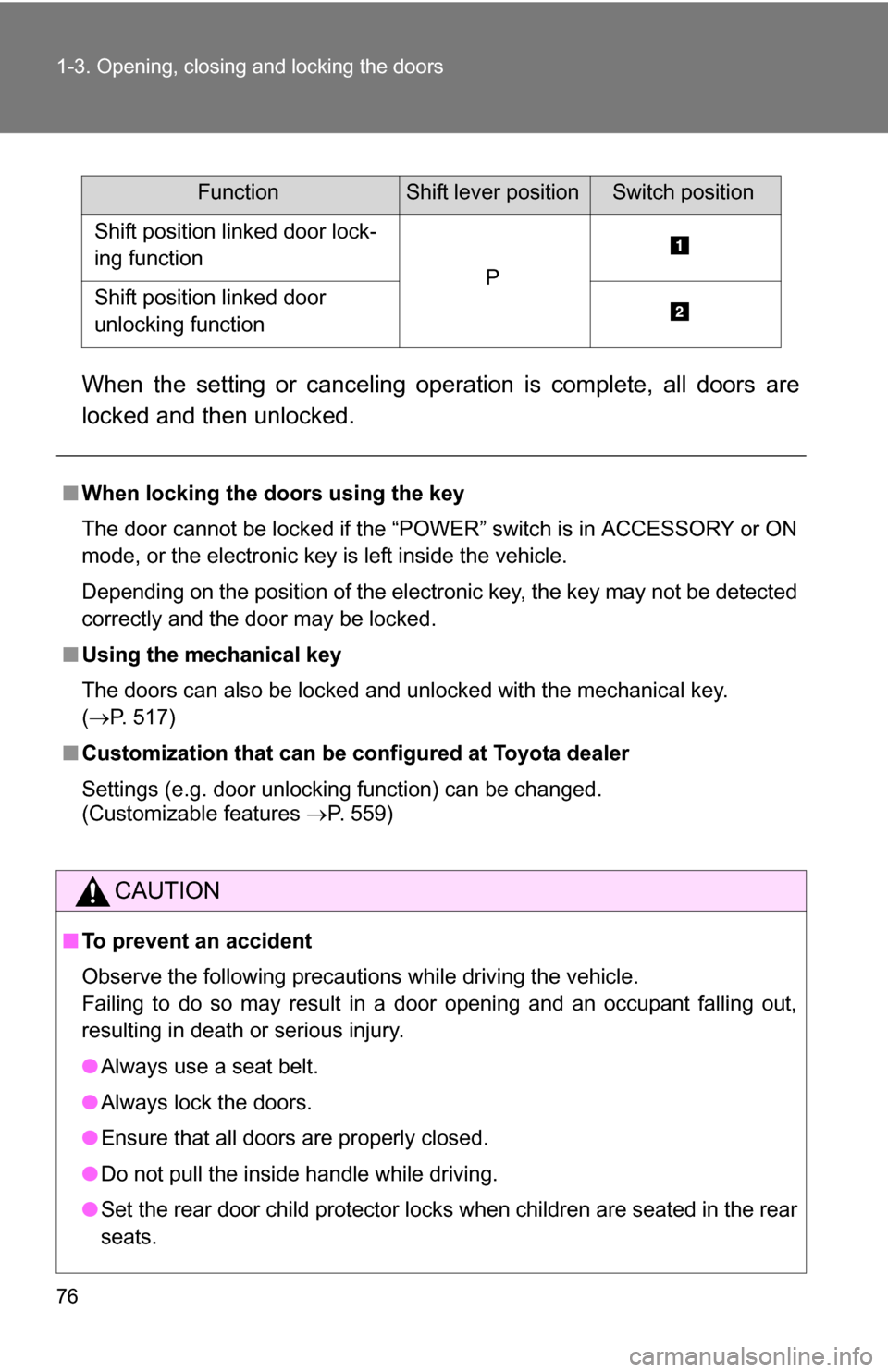 TOYOTA HIGHLANDER HYBRID 2008 XU40 / 2.G Owners Manual 76 1-3. Opening, closing and locking the doors
When the setting or canceling operation is complete, all doors are
locked and then unlocked.
FunctionShift lever positionSwitch position
Shift position l