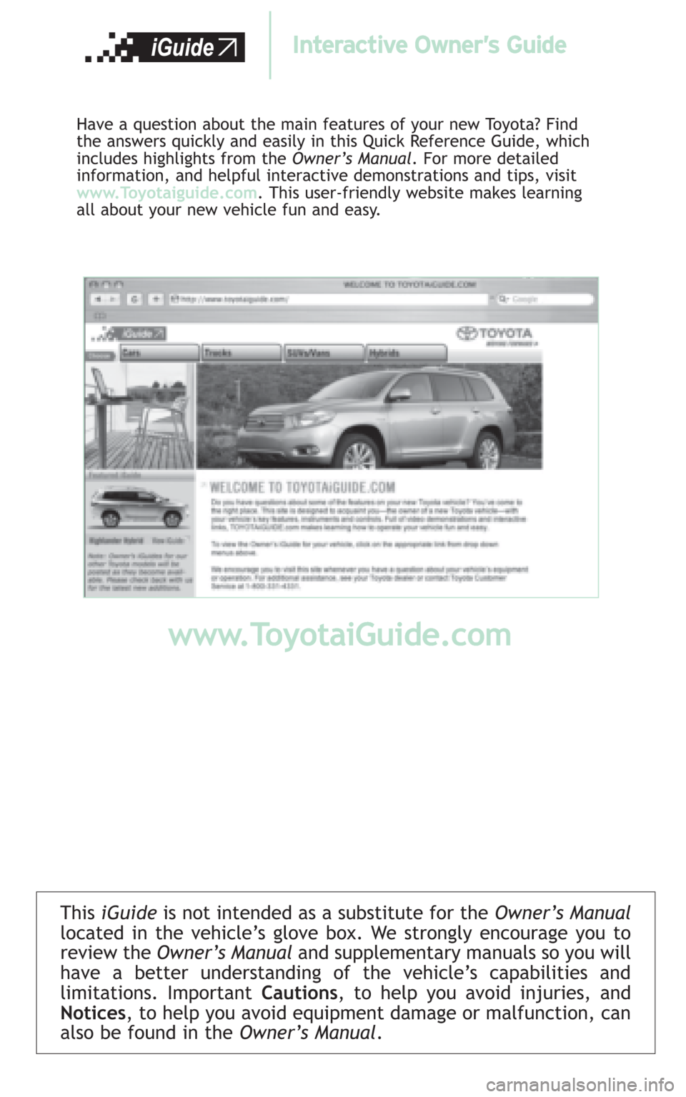 TOYOTA HIGHLANDER HYBRID 2008 XU40 / 2.G Quick Reference Guide This iGuideis not intended as a substitute for theOwner’s Manual
located in the vehicle’s glove box. We strongly encourage you to
review theOwner’s Manual and supplementary manuals so you will
h