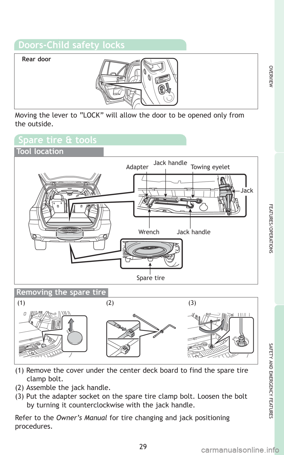 TOYOTA HIGHLANDER HYBRID 2008 XU40 / 2.G Quick Reference Guide 29
Spare tire & tools
Tool location
Removing the spare tire
(1) Remove the cover under the center deck board to find the spare tire
clamp bolt.
(2) Assemble the jack handle.
(3) Put the adapter socket TOYOTA HIGHLANDER HYBRID 2008 XU40 / 2.G Quick Reference Guide 29
Spare tire & tools
Tool location
Removing the spare tire
(1) Remove the cover under the center deck board to find the spare tire
clamp bolt.
(2) Assemble the jack handle.
(3) Put the adapter socket