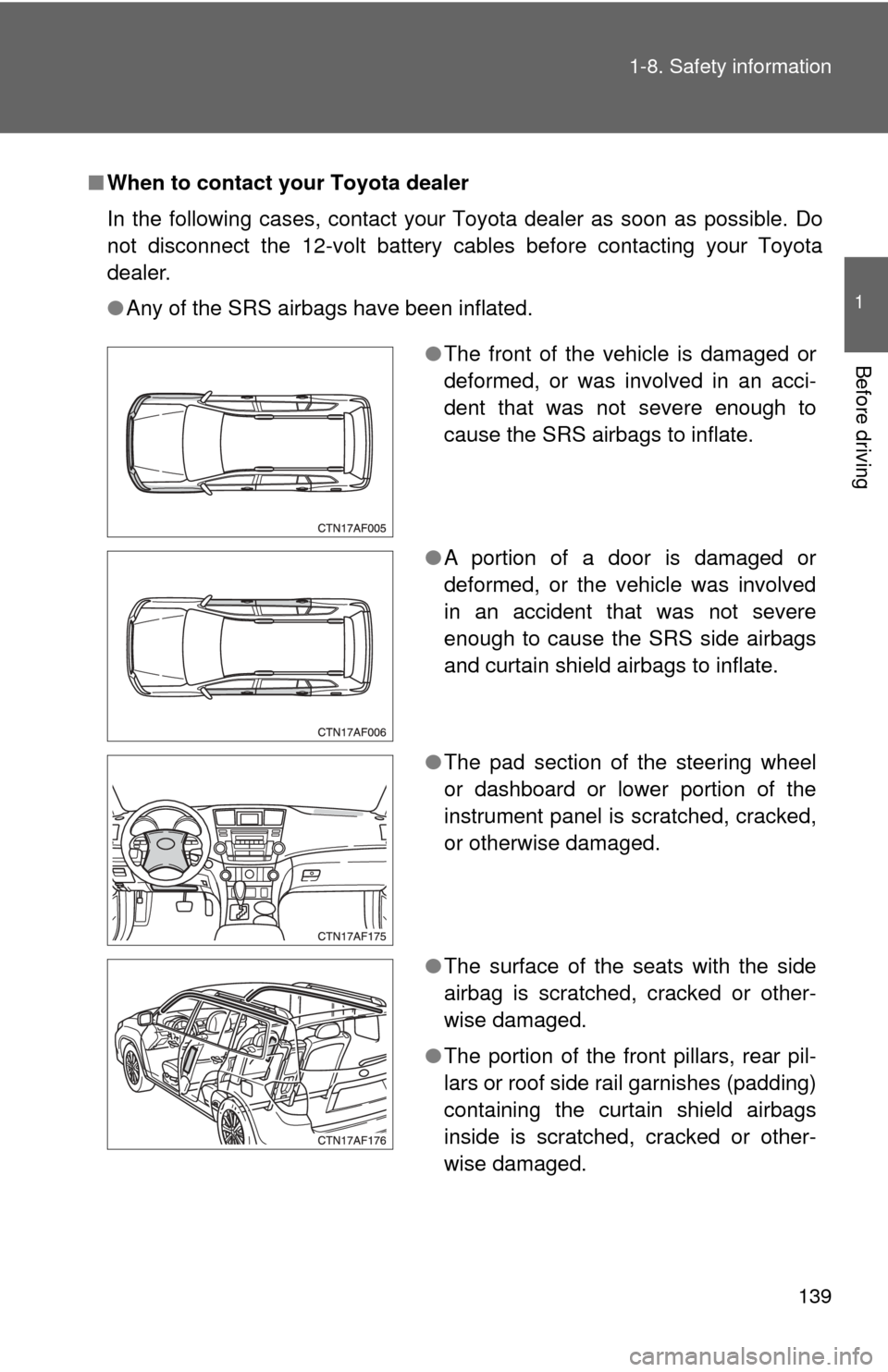 TOYOTA HIGHLANDER HYBRID 2009 XU40 / 2.G Owners Manual 139
1-8. Safety information
1
Before driving
■
When to contact your Toyota dealer
In the following cases, contact your Toyota dealer as soon as possible. Do
not disconnect the 12-volt battery cables