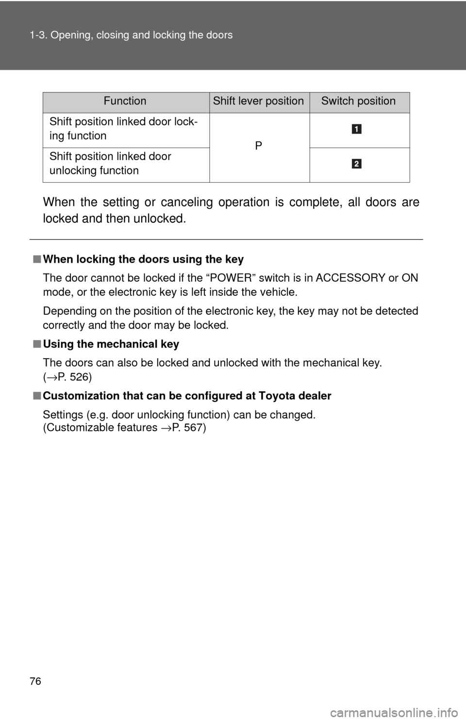 TOYOTA HIGHLANDER HYBRID 2009 XU40 / 2.G Manual PDF 76 1-3. Opening, closing and locking the doors
When the setting or canceling operation is complete, all doors are
locked and then unlocked.
FunctionShift lever positionSwitch position
Shift position l