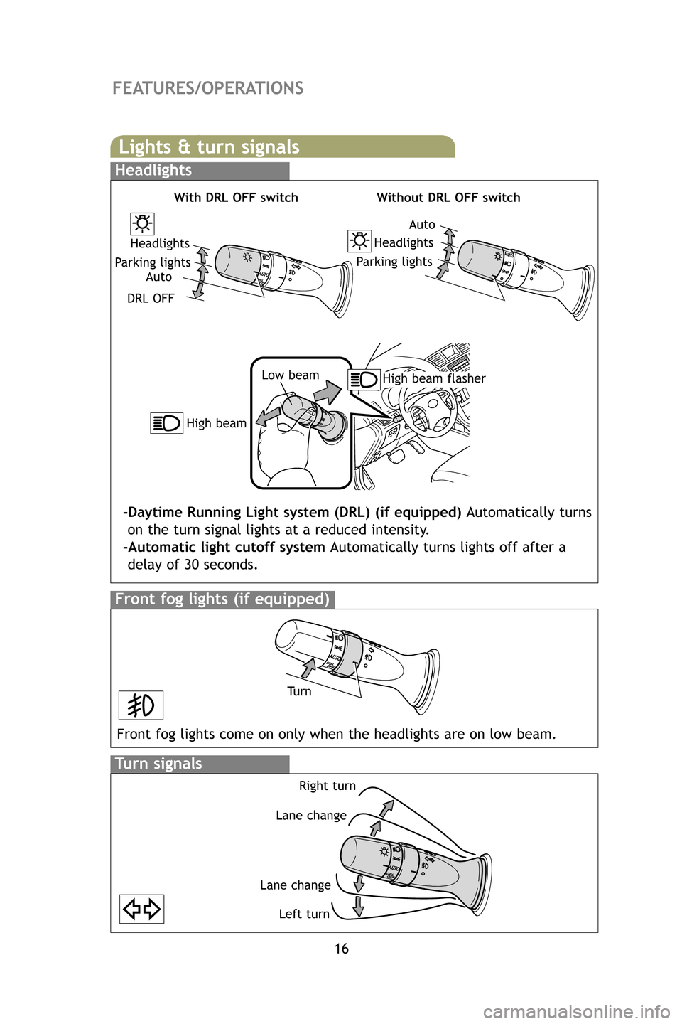 TOYOTA HIGHLANDER HYBRID 2009 XU40 / 2.G Quick Reference Guide 16
Lights & turn signals
Turn signals
Headlights
High beam flasher
Low beam
Front fog lights (if equipped)
Headlights
-Daytime Running Light system (DRL) (if equipped)
Automatically turns
on the tur TOYOTA HIGHLANDER HYBRID 2009 XU40 / 2.G Quick Reference Guide 16
Lights & turn signals
Turn signals
Headlights
High beam flasher
Low beam
Front fog lights (if equipped)
Headlights
-Daytime Running Light system (DRL) (if equipped)
Automatically turns
on the tur