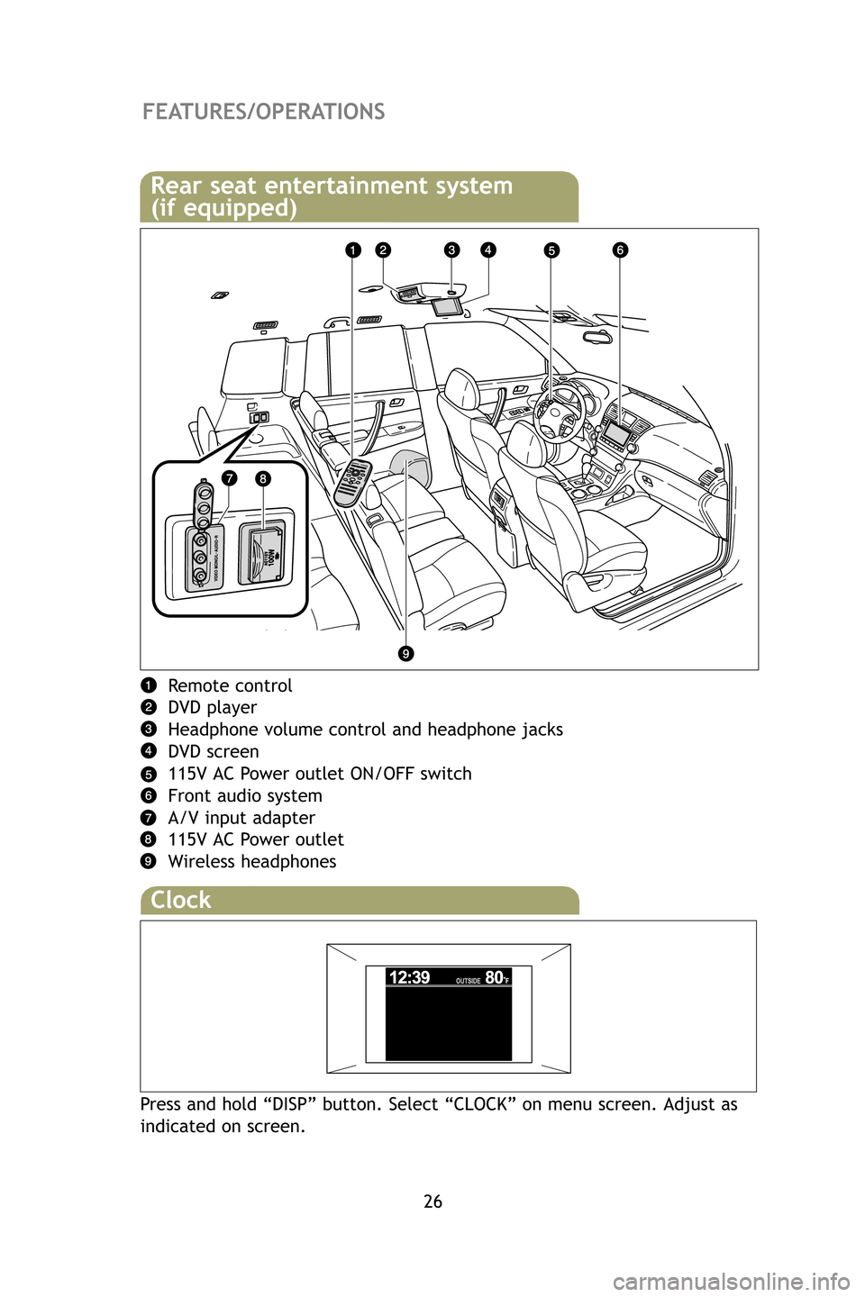 TOYOTA HIGHLANDER HYBRID 2009 XU40 / 2.G Quick Reference Guide 26
FEATURES/OPERATIONS
Rear seat entertainment system
(if equipped)
Remote control
DVD player
Headphone volume control and headphone jacks
DVD screen
115V AC Power outlet ON/OFF switch
Front audio sys TOYOTA HIGHLANDER HYBRID 2009 XU40 / 2.G Quick Reference Guide 26
FEATURES/OPERATIONS
Rear seat entertainment system
(if equipped)
Remote control
DVD player
Headphone volume control and headphone jacks
DVD screen
115V AC Power outlet ON/OFF switch
Front audio sys