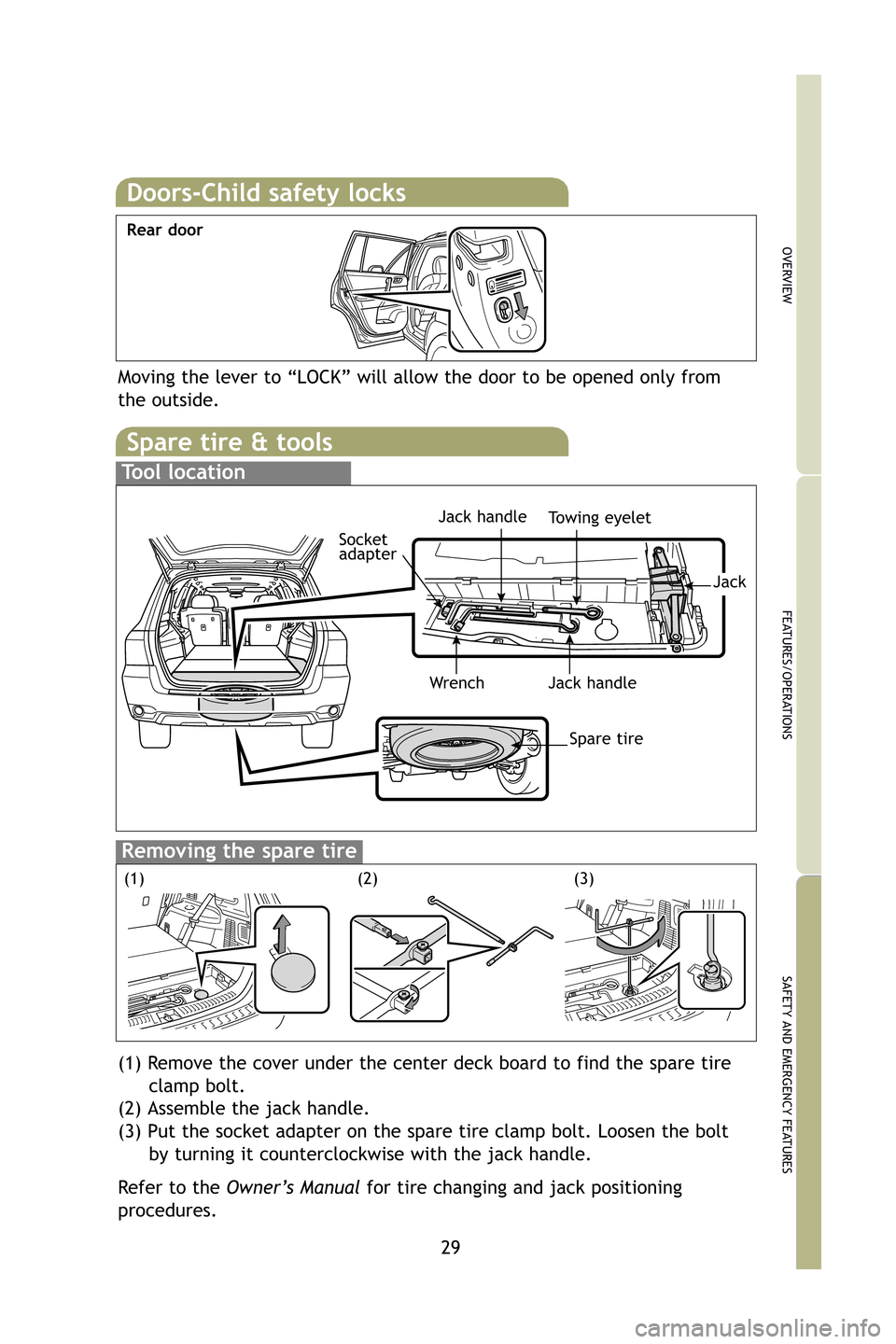 TOYOTA HIGHLANDER HYBRID 2009 XU40 / 2.G Quick Reference Guide 29
Spare tire & tools
Tool location
Removing the spare tire
(1) Remove the cover under the center deck board to find the spare tireclamp bolt.
(2) Assemble the jack handle.
(3) Put the socket adapter TOYOTA HIGHLANDER HYBRID 2009 XU40 / 2.G Quick Reference Guide 29
Spare tire & tools
Tool location
Removing the spare tire
(1) Remove the cover under the center deck board to find the spare tireclamp bolt.
(2) Assemble the jack handle.
(3) Put the socket adapter