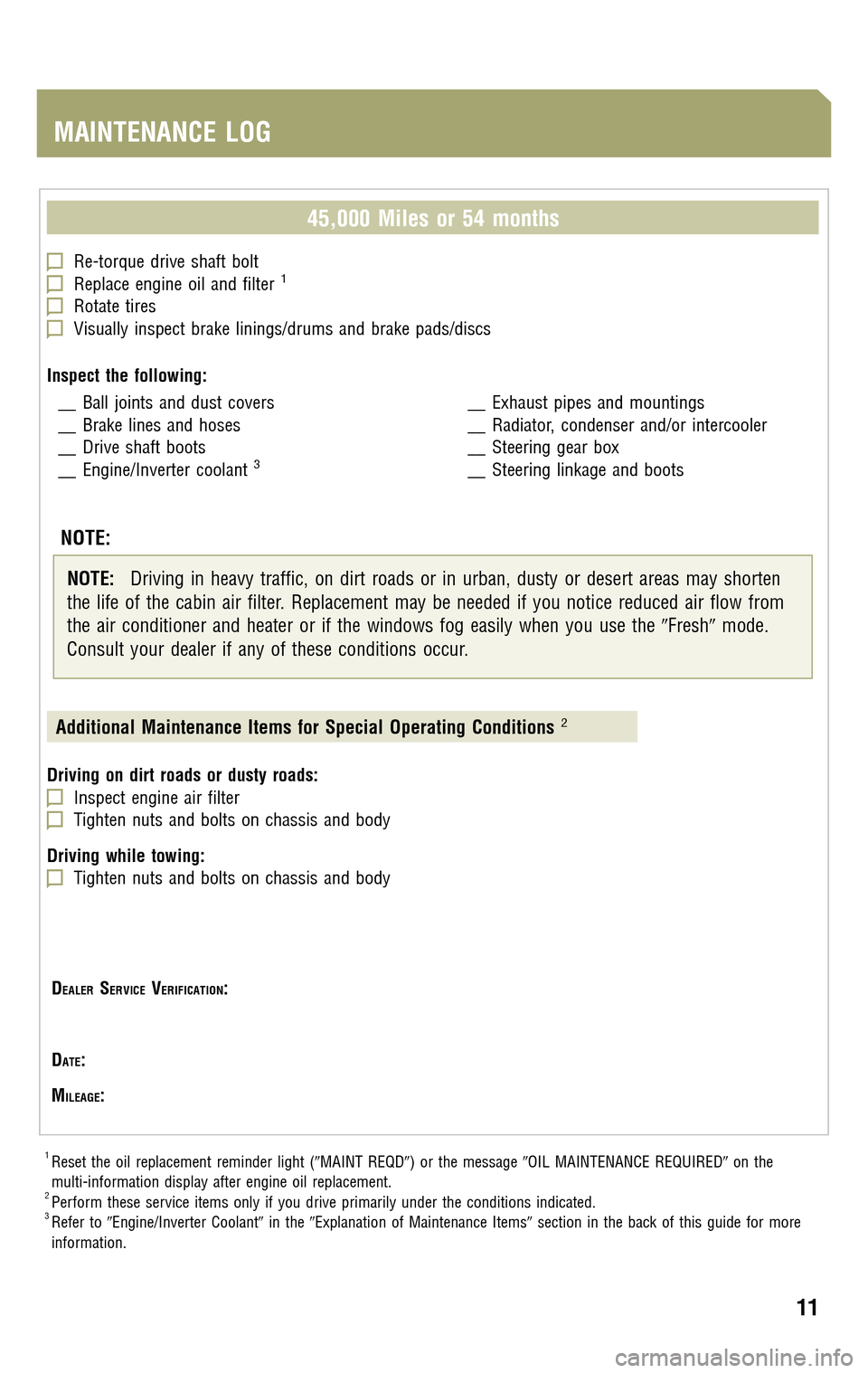 TOYOTA HIGHLANDER HYBRID 2009 XU40 / 2.G Warranty And Maintenance Guide 