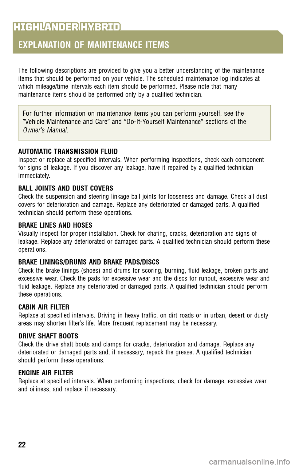 TOYOTA HIGHLANDER HYBRID 2009 XU40 / 2.G Warranty And Maintenance Guide 