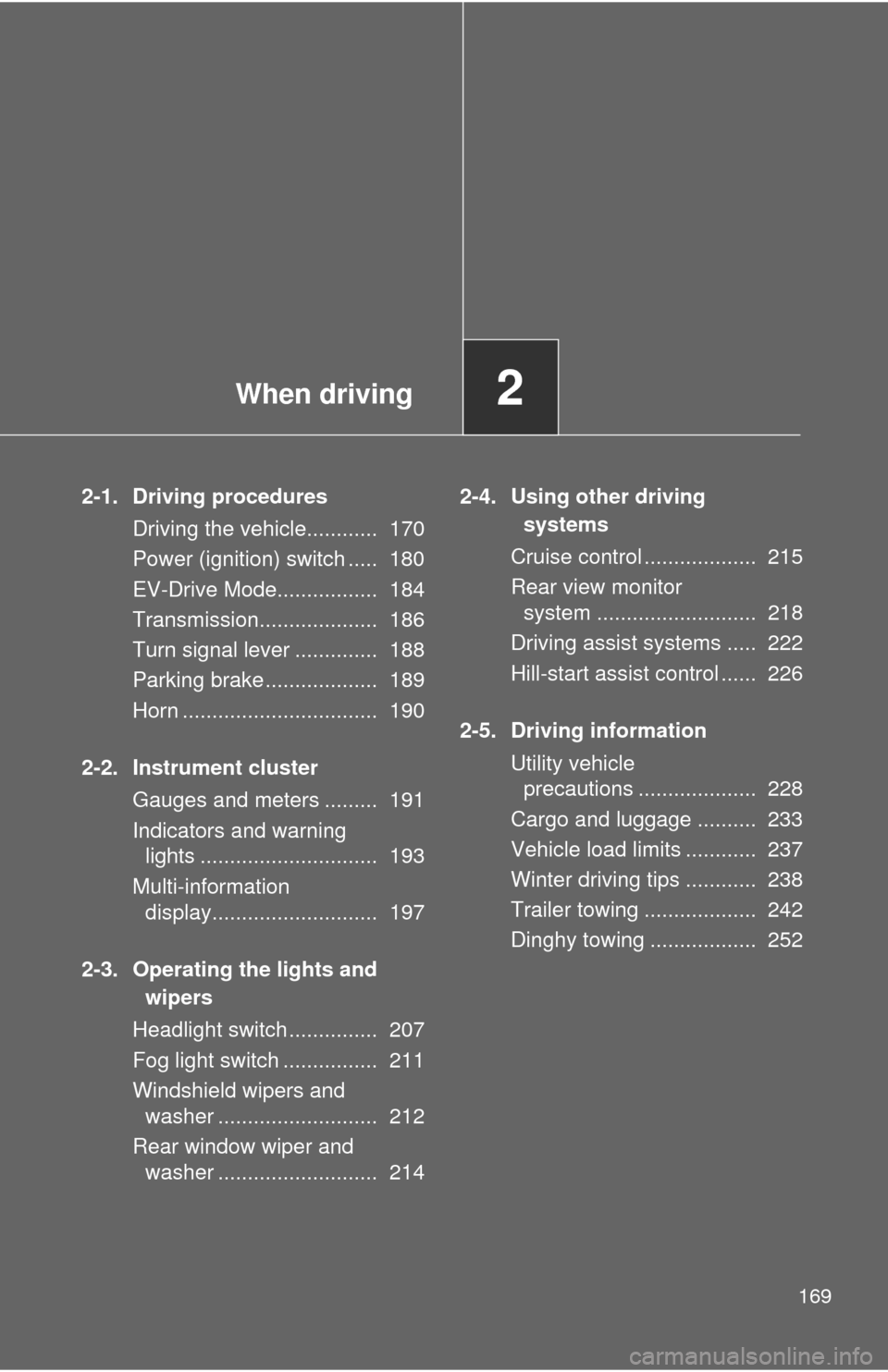 TOYOTA HIGHLANDER HYBRID 2010 XU40 / 2.G Owners Manual When driving2
169
2-1. Driving proceduresDriving the vehicle............  170
Power (ignition) switch .....  180
EV-Drive Mode.................  184
Transmission....................  186
Turn signal l