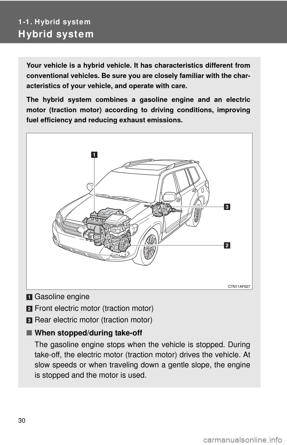 TOYOTA HIGHLANDER HYBRID 2010 XU40 / 2.G Owners Manual 30
1-1. Hybrid system
Hybrid system
Your vehicle is a hybrid vehicle. It has characteristics different from
conventional vehicles. Be sure you are closely familiar with the char-
acteristics of your v TOYOTA HIGHLANDER HYBRID 2010 XU40 / 2.G Owners Manual 30
1-1. Hybrid system
Hybrid system
Your vehicle is a hybrid vehicle. It has characteristics different from
conventional vehicles. Be sure you are closely familiar with the char-
acteristics of your v
