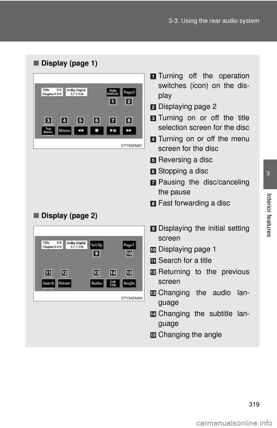 TOYOTA HIGHLANDER HYBRID 2010 XU40 / 2.G Owners Manual 319
3-3. Using the rear audio system
3
Interior features
■
Display (page 1)
Turning off the operation
switches (icon) on the dis-
play
Displaying page 2
Turning on or off the title
selection screen 