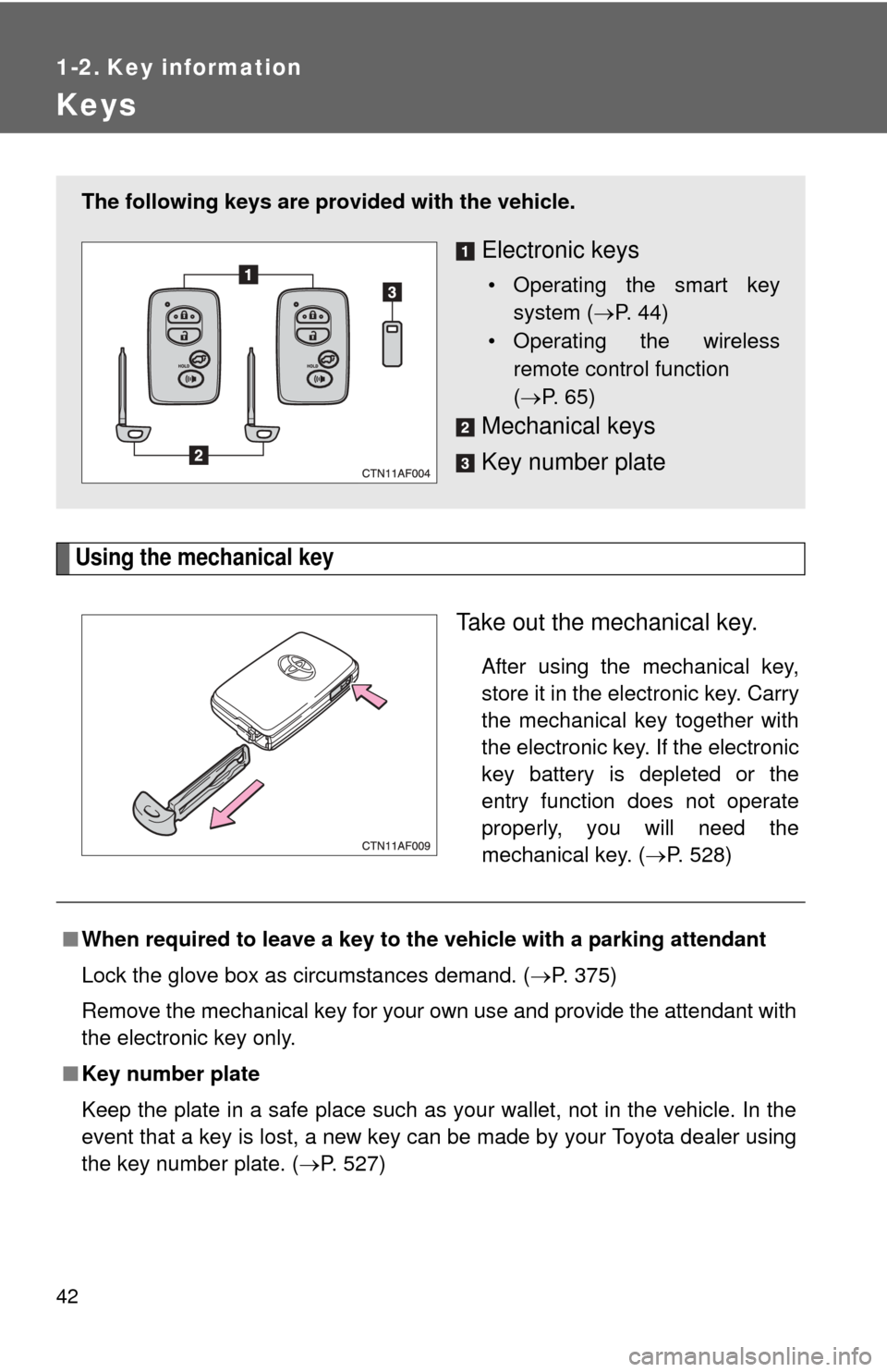 TOYOTA HIGHLANDER HYBRID 2010 XU40 / 2.G Service Manual 42
1-2. Key information
Keys
Using the mechanical key
Take out the mechanical key.
After using the mechanical key,
store it in the electronic key. Carry
the mechanical key together with
the electronic