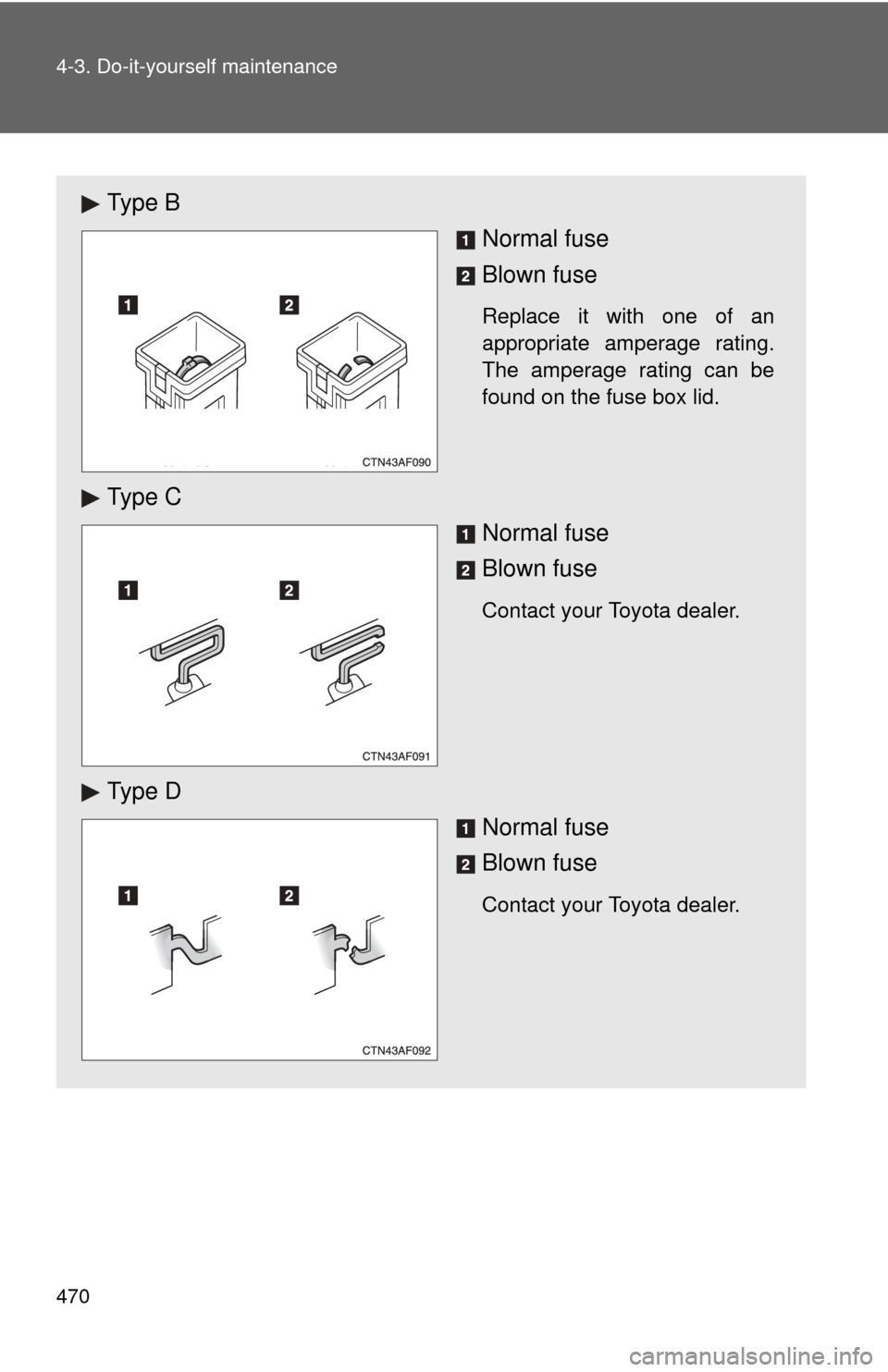 TOYOTA HIGHLANDER HYBRID 2010 XU40 / 2.G Owners Manual 470 4-3. Do-it-yourself maintenance
Ty p e  BNormal fuse
Blown fuse
Replace it with one of an
appropriate amperage rating.
The amperage rating can be
found on the fuse box lid.
Ty p e  C
Normal fuse
B
