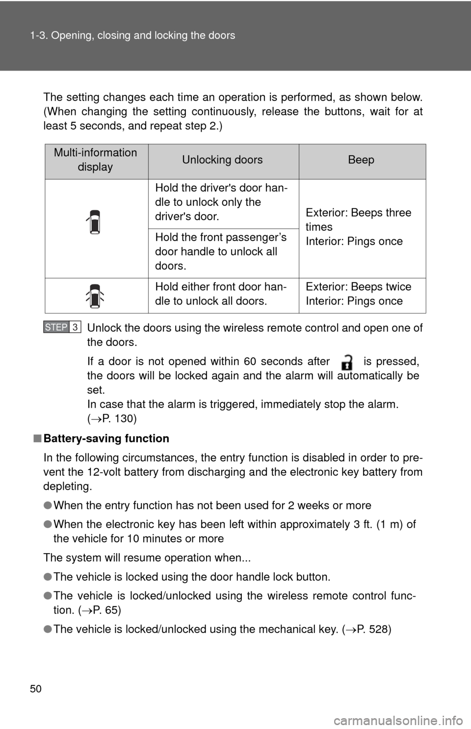 TOYOTA HIGHLANDER HYBRID 2010 XU40 / 2.G Service Manual 50 1-3. Opening, closing and locking the doors
The setting changes each time an operation is performed, as shown below.
(When changing the setting continuously, release the buttons, wait for at
least TOYOTA HIGHLANDER HYBRID 2010 XU40 / 2.G Service Manual 50 1-3. Opening, closing and locking the doors
The setting changes each time an operation is performed, as shown below.
(When changing the setting continuously, release the buttons, wait for at
least