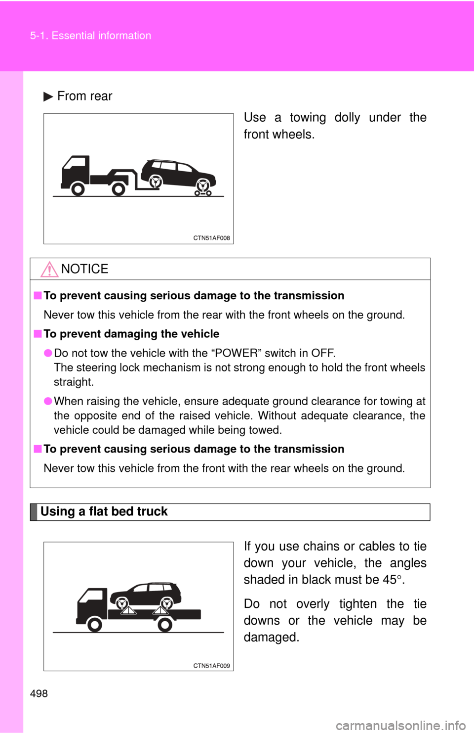 TOYOTA HIGHLANDER HYBRID 2010 XU40 / 2.G Owners Manual 498 5-1. Essential information
From rearUse a towing dolly under the
front wheels.
Using a flat bed truck
If you use chains or cables to tie
down your vehicle, the angles
shaded in black must be 45