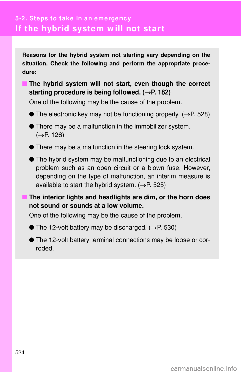 TOYOTA HIGHLANDER HYBRID 2010 XU40 / 2.G Owners Manual 524
5-2. Steps to take in an emergency
If the hybrid system will not start
Reasons for the hybrid system not starting vary depending on the
situation. Check the following a nd perform the appropriate TOYOTA HIGHLANDER HYBRID 2010 XU40 / 2.G Owners Manual 524
5-2. Steps to take in an emergency
If the hybrid system will not start
Reasons for the hybrid system not starting vary depending on the
situation. Check the following a nd perform the appropriate