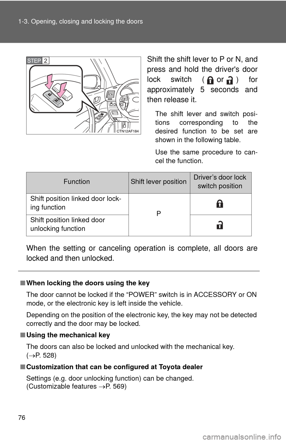 TOYOTA HIGHLANDER HYBRID 2010 XU40 / 2.G Manual PDF 76 1-3. Opening, closing and locking the doors
Shift the shift lever to P or N, and
press and hold the drivers door
lock switch (
or) for
approximately 5 seconds and
then release it.
The shift lever TOYOTA HIGHLANDER HYBRID 2010 XU40 / 2.G Manual PDF 76 1-3. Opening, closing and locking the doors
Shift the shift lever to P or N, and
press and hold the drivers door
lock switch (
or) for
approximately 5 seconds and
then release it.
The shift lever