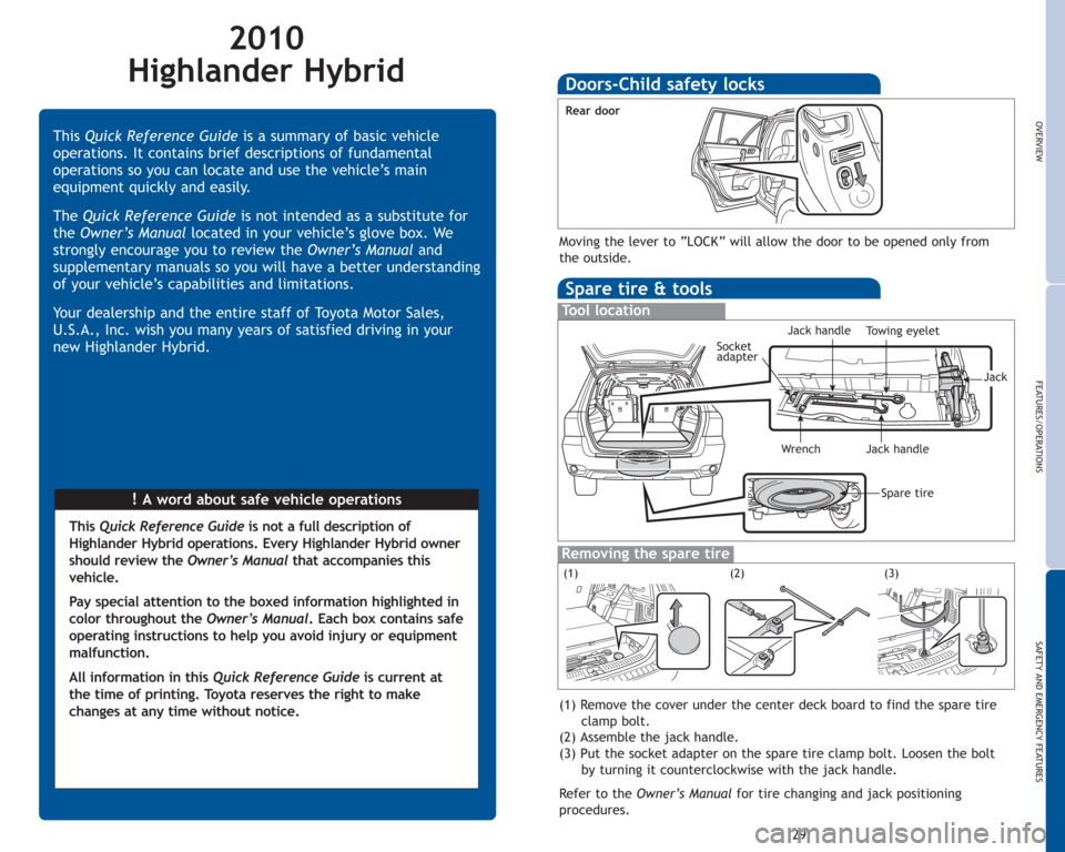 TOYOTA HIGHLANDER HYBRID 2010 XU40 / 2.G Quick Reference Guide 2010
Highlander Hybrid
!A word about safe vehicle operations ThisQuick Reference Guideis a summary of basic vehicle
operations. It contains brief descriptions of fundamental
operations so you can loca TOYOTA HIGHLANDER HYBRID 2010 XU40 / 2.G Quick Reference Guide 2010
Highlander Hybrid
!A word about safe vehicle operations ThisQuick Reference Guideis a summary of basic vehicle
operations. It contains brief descriptions of fundamental
operations so you can loca