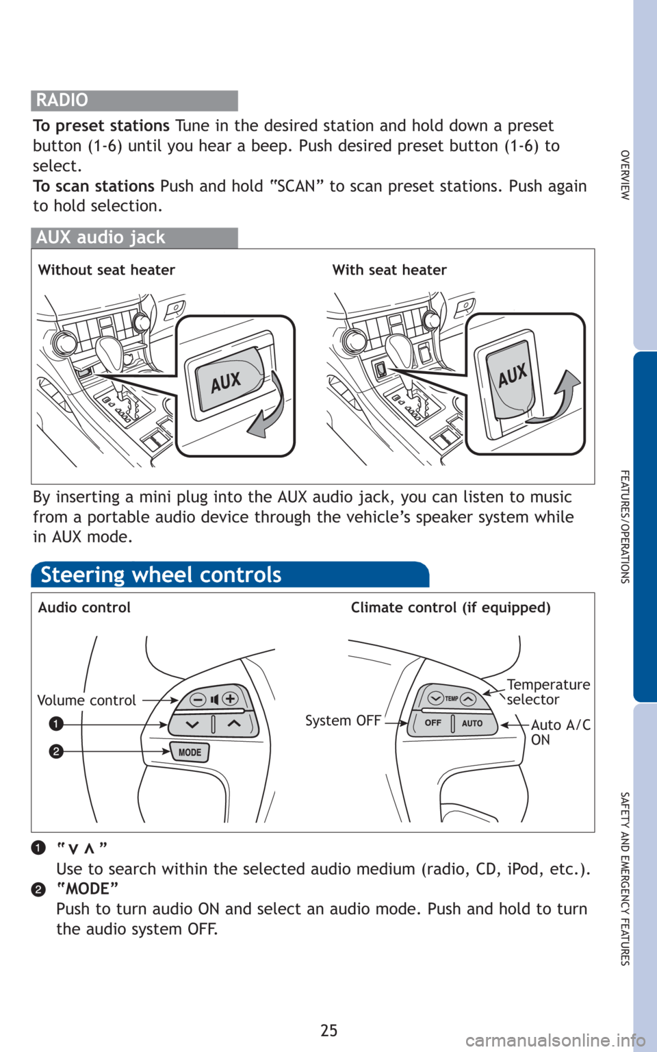 TOYOTA HIGHLANDER HYBRID 2010 XU40 / 2.G Quick Reference Guide 25
OVERVIEW
FEATURES/OPERATIONS
SAFETY AND EMERGENCY FEATURES
RADIO
To preset stationsTune in the desired station and hold down a preset
button (1-6) until you hear a beep. Push desired preset button TOYOTA HIGHLANDER HYBRID 2010 XU40 / 2.G Quick Reference Guide 25
OVERVIEW
FEATURES/OPERATIONS
SAFETY AND EMERGENCY FEATURES
RADIO
To preset stationsTune in the desired station and hold down a preset
button (1-6) until you hear a beep. Push desired preset button