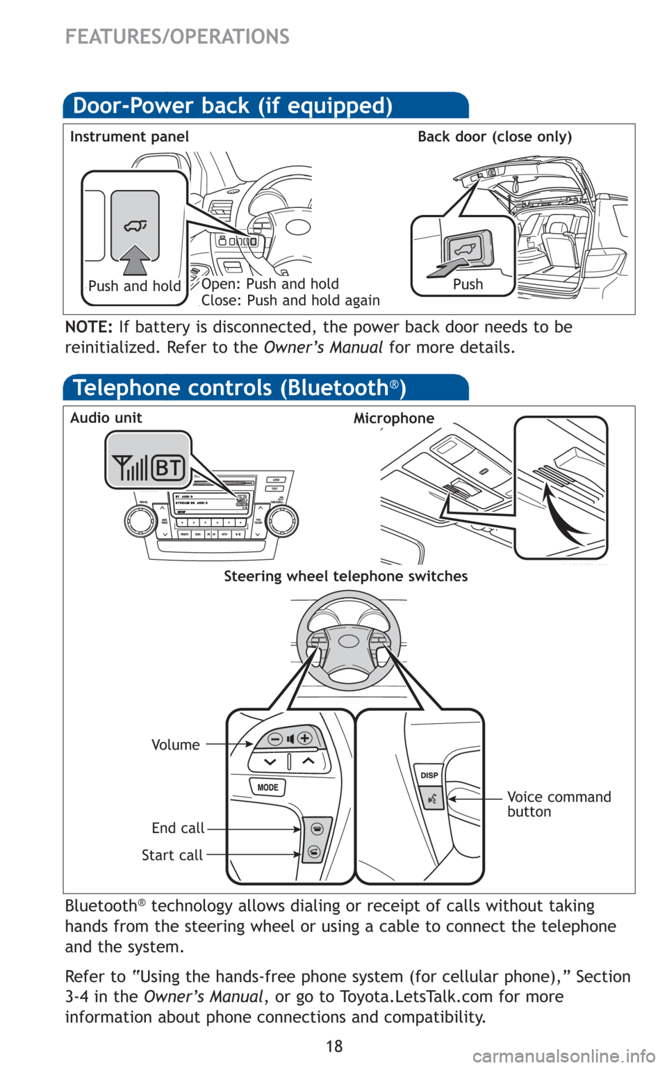 TOYOTA HIGHLANDER HYBRID 2011 XU40 / 2.G Quick Reference Guide 18
FEATURES/OPERATIONS
Door-Power back (if equipped)
PushPush and hold Instrument panel Back door (close only)Open: Push and hold
Close: Push and hold again
NOTE:If battery is disconnected, the power 
