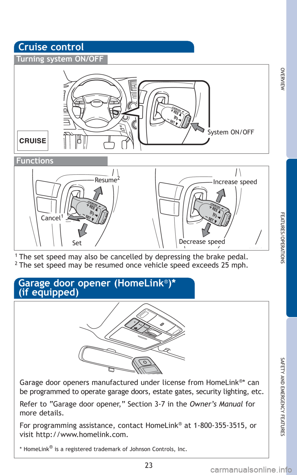 TOYOTA HIGHLANDER HYBRID 2011 XU40 / 2.G Quick Reference Guide 23
OVERVIEW
FEATURES/OPERATIONS
SAFETY AND EMERGENCY FEATURES
Garage door opener (HomeLink®)*
(if equipped)
Garage door openers manufactured under license from HomeLink®* can
be programmed to operat TOYOTA HIGHLANDER HYBRID 2011 XU40 / 2.G Quick Reference Guide 23
OVERVIEW
FEATURES/OPERATIONS
SAFETY AND EMERGENCY FEATURES
Garage door opener (HomeLink®)*
(if equipped)
Garage door openers manufactured under license from HomeLink®* can
be programmed to operat