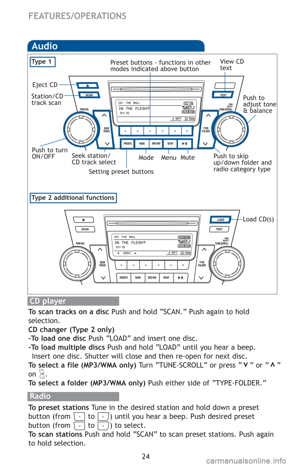 TOYOTA HIGHLANDER HYBRID 2011 XU40 / 2.G Quick Reference Guide 24
FEATURES/OPERATIONS
Audio
Load CD(s)
Radio
To preset stations Tune in the desired station and hold down a preset
button (from to ) until you hear a beep. Push desired preset
button (from to ) t TOYOTA HIGHLANDER HYBRID 2011 XU40 / 2.G Quick Reference Guide 24
FEATURES/OPERATIONS
Audio
Load CD(s)
Radio
To preset stations Tune in the desired station and hold down a preset
button (from to ) until you hear a beep. Push desired preset
button (from to ) t