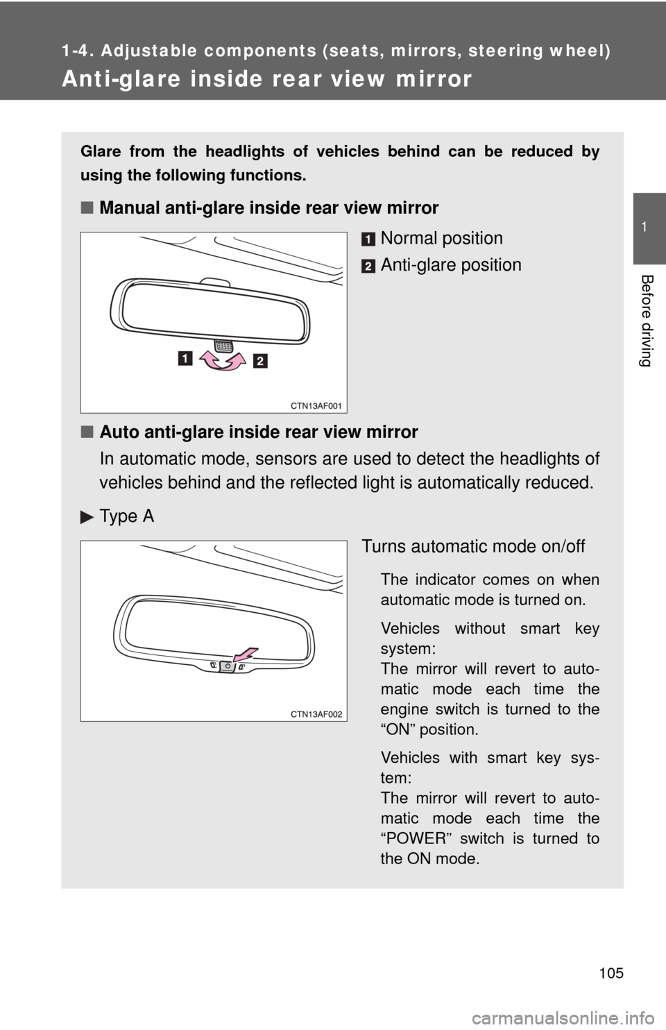 TOYOTA HIGHLANDER HYBRID 2012 XU40 / 2.G Owners Manual 105
1
1-4. Adjustable components (seats, mirrors, steering wheel)
Before driving
Anti-glare inside rear view mirror
Glare from the headlights of vehicles behind can be reduced by
using the following f TOYOTA HIGHLANDER HYBRID 2012 XU40 / 2.G Owners Manual 105
1
1-4. Adjustable components (seats, mirrors, steering wheel)
Before driving
Anti-glare inside rear view mirror
Glare from the headlights of vehicles behind can be reduced by
using the following f