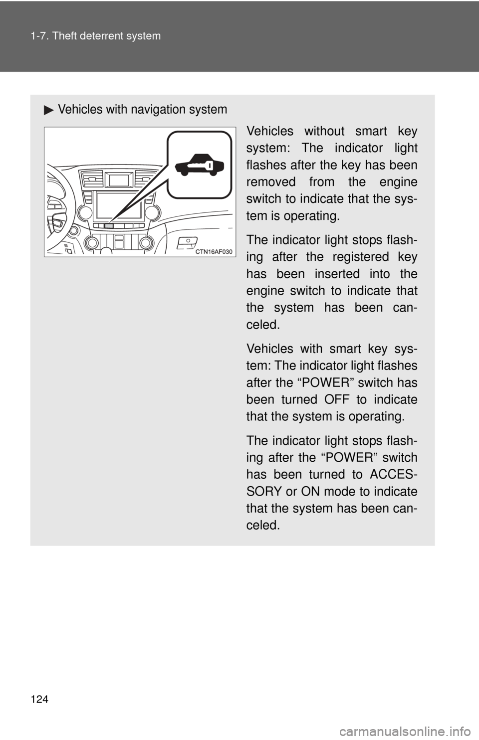 TOYOTA HIGHLANDER HYBRID 2012 XU40 / 2.G Owners Manual 124 1-7. Theft deterrent system
Vehicles with navigation system
Vehicles without smart key
system: The indicator light
flashes after the key has been
removed from the engine
switch to indicate that th TOYOTA HIGHLANDER HYBRID 2012 XU40 / 2.G Owners Manual 124 1-7. Theft deterrent system
Vehicles with navigation system
Vehicles without smart key
system: The indicator light
flashes after the key has been
removed from the engine
switch to indicate that th