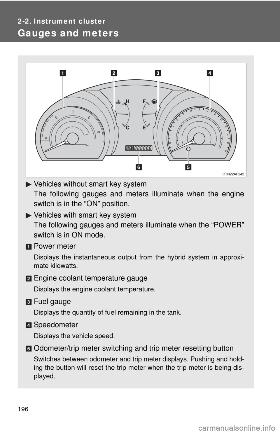 TOYOTA HIGHLANDER HYBRID 2012 XU40 / 2.G Owners Manual 196
2-2. Instrument cluster
Gauges and meters
Vehicles without smart key system
The following gauges and meters illuminate when the engine
switch is in the “ON” position.
Vehicles with smart key s