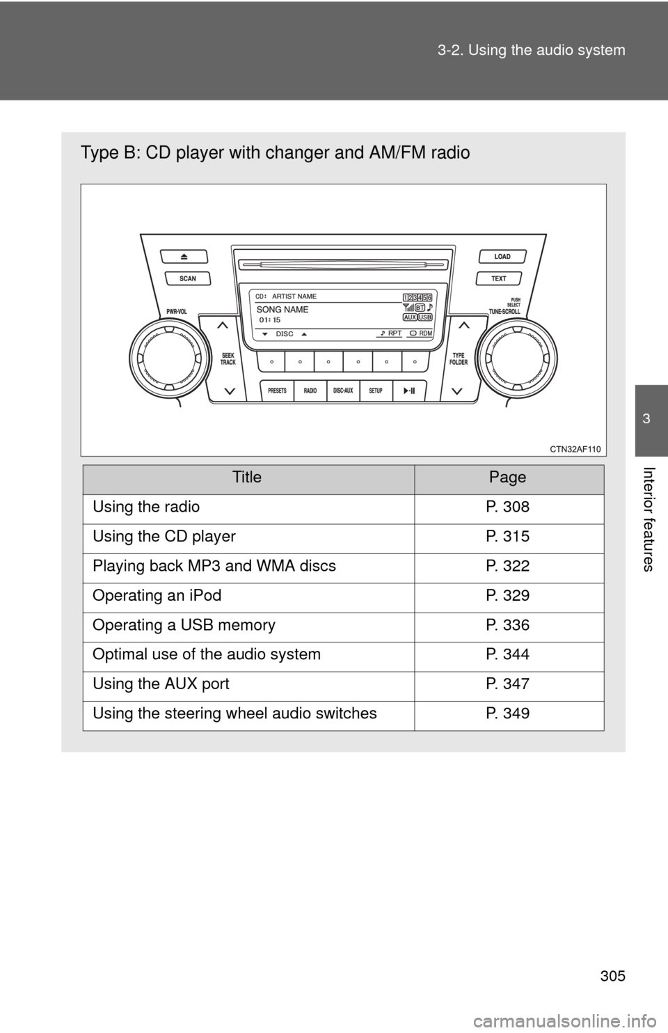 TOYOTA HIGHLANDER HYBRID 2012 XU40 / 2.G Owners Manual 305
3-2. Using the audio system
3
Interior features
Type B: CD player with changer and AM/FM radio
TitlePage
Using the radioP. 308
Using the CD playerP. 315
Playing back MP3 and WMA discsP. 322
Operat