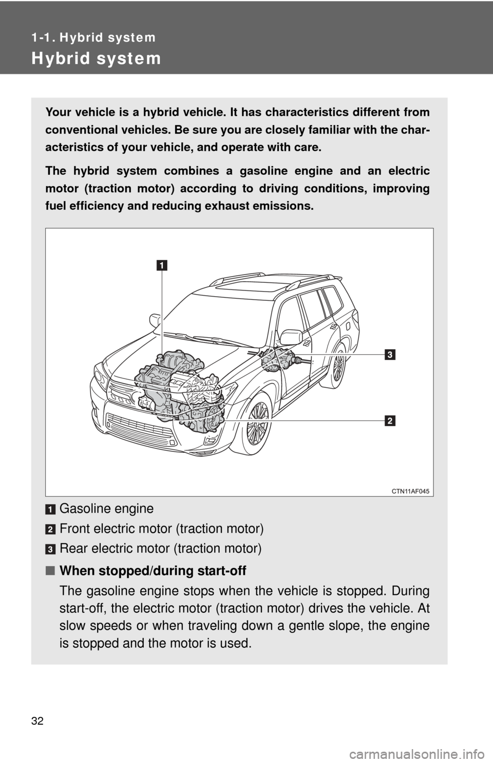 TOYOTA HIGHLANDER HYBRID 2012 XU40 / 2.G Owners Manual 32
1-1. Hybrid system
Hybrid system
Your vehicle is a hybrid vehicle. It has characteristics different from
conventional vehicles. Be sure you are closely familiar with the char-
acteristics of your v