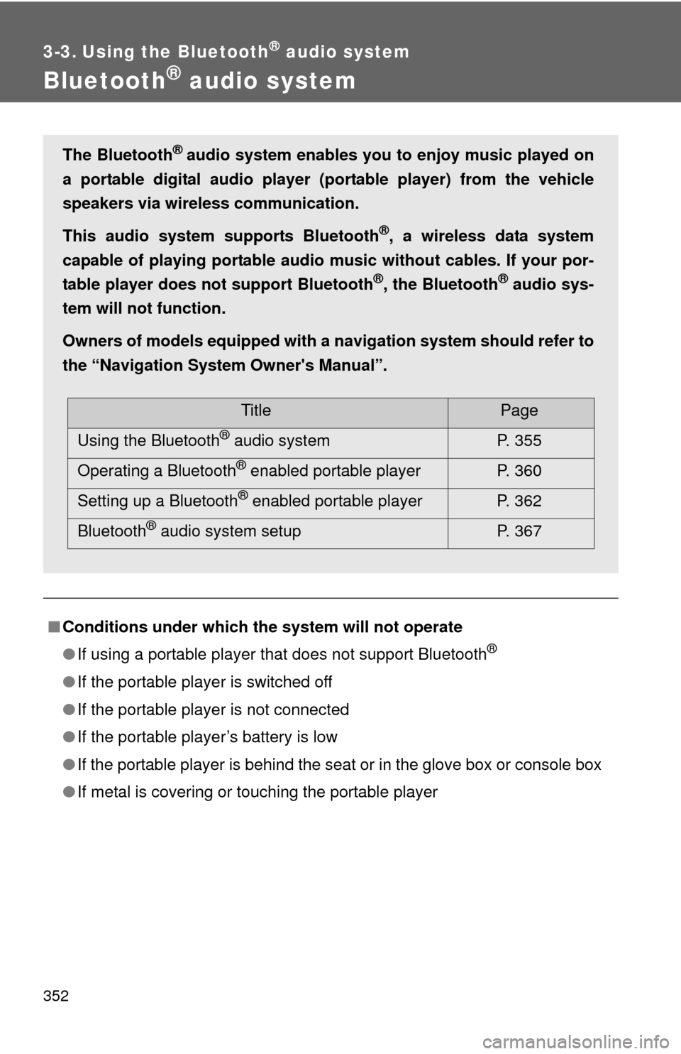 TOYOTA HIGHLANDER HYBRID 2012 XU40 / 2.G Owners Manual 352
3-3. Using the Bluetooth® audio system
Bluetooth® audio system
â– Conditions under which th e system will not operate
â— If using a portable player that does not support Bluetooth
®
â—If the TOYOTA HIGHLANDER HYBRID 2012 XU40 / 2.G Owners Manual 352
3-3. Using the Bluetooth® audio system
Bluetooth® audio system
â– Conditions under which th e system will not operate
â— If using a portable player that does not support Bluetooth
®
â—If the