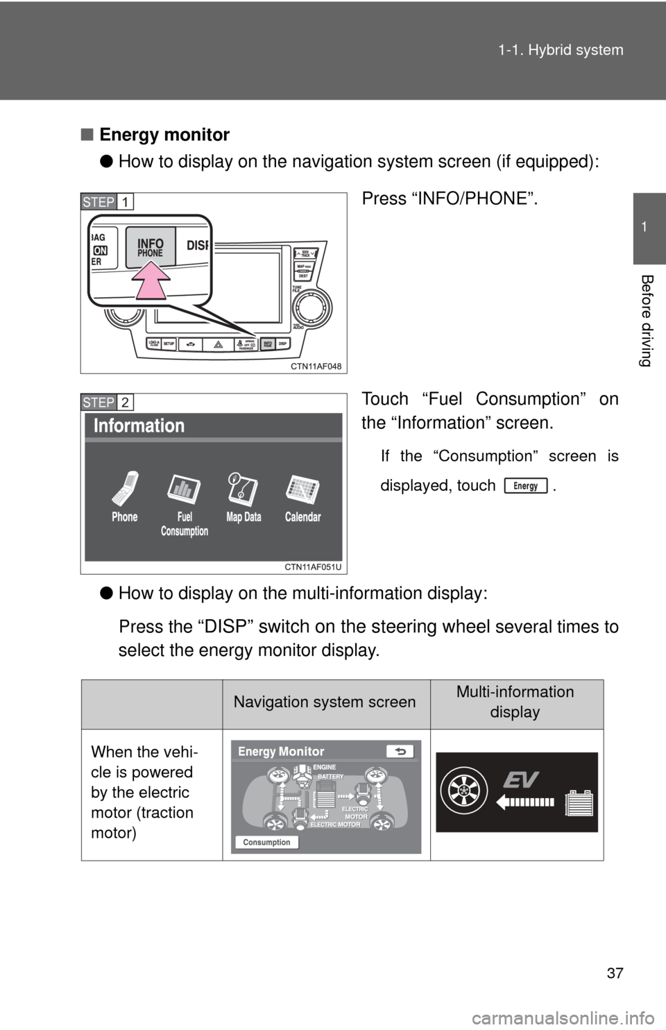 TOYOTA HIGHLANDER HYBRID 2012 XU40 / 2.G Owners Guide 37
1-1. Hybrid system
1
Before driving
■
Energy monitor
●How to display on the navigation system screen (if equipped):
Press “INFO/PHONE”.
Touch “Fuel Consumption” on
the “Information”